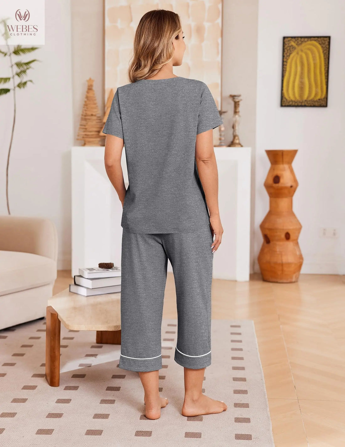 Ekouaer Cotton Pajamas for Women Set Short Sleeve Top and Capri Pants | 2 Pieces Lounge Set with Pockets V Neck Comfy Soft Sleepwear for Mom, Wife, Grandmother WEBE CLOTHING