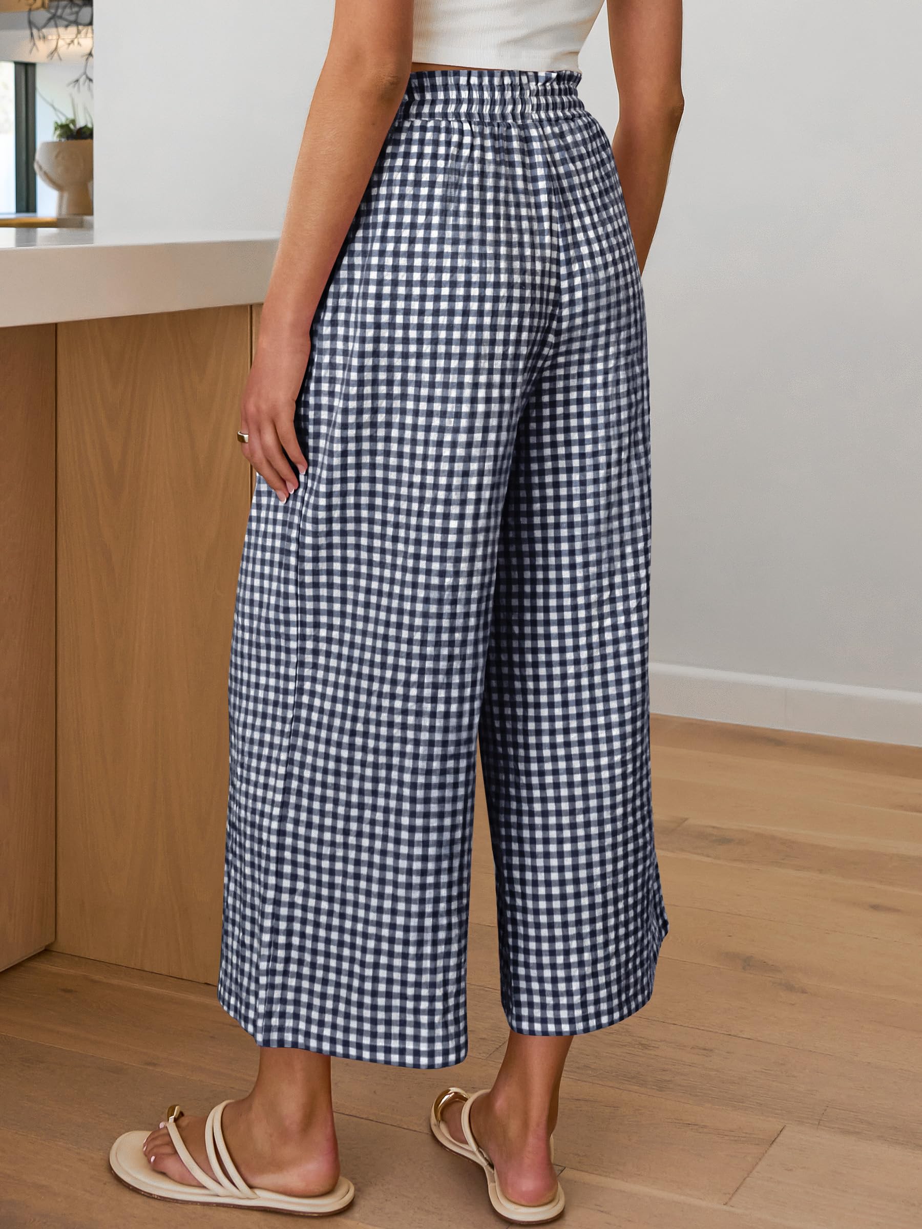 ANRABESS Womens Striped Gingham Palazzo Capri Pants Pajama Wide Leg Lounge Trousers Plaid Cute Crop PJ Bottoms with Pockets