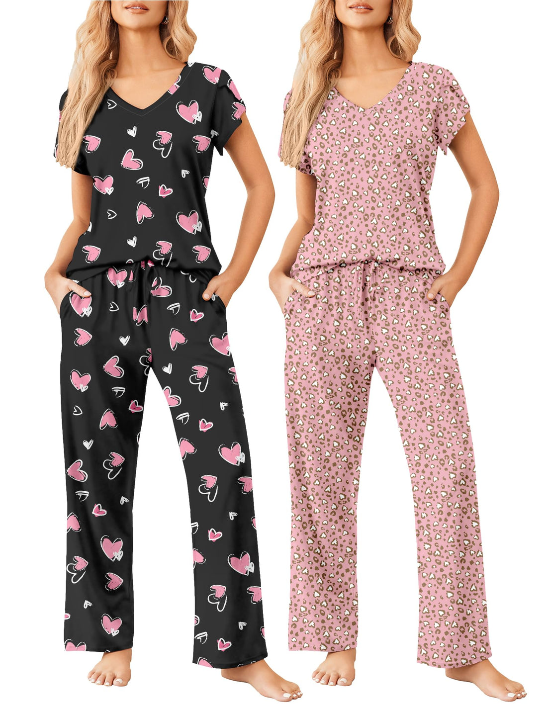 Ekouaer 2 Pack Womens Pajamas Short Sleeve Sleepwear Top with Pants Super-Soft Printed Lounge Sets S-XXL