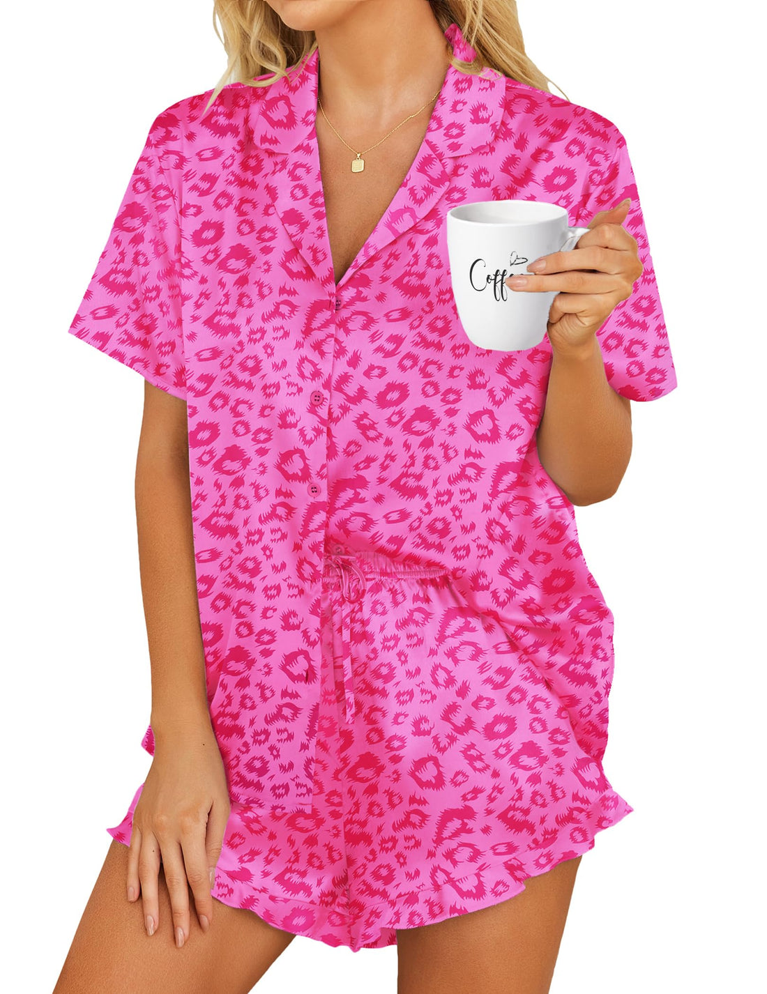HOTOUCH Womens Satin Pajamas Set Button Down 2 Piece Silk Pjs Shorts Set Ruffle Lingerie Notch Collar Sleepwear