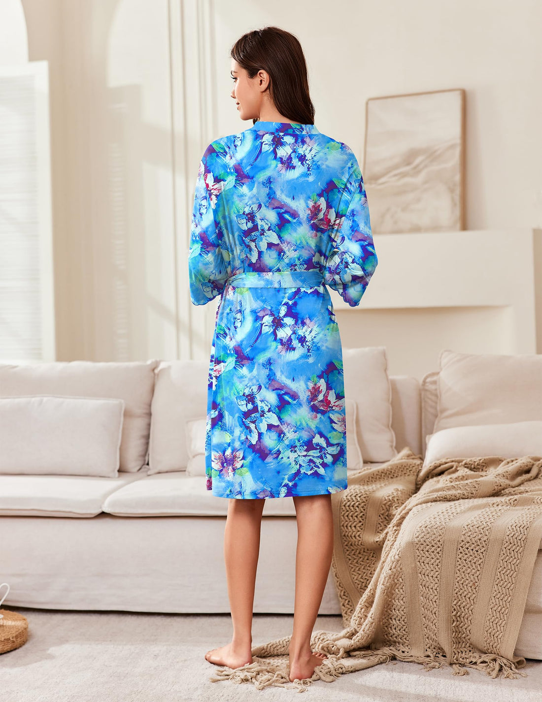 Ekouaer Robes for Women Knee Length Kimono Bathrobe Lightweight 3/4 Sleeve Sleepwear Soft Loungewear with Pockets S-XXL WEBE CLOTHING