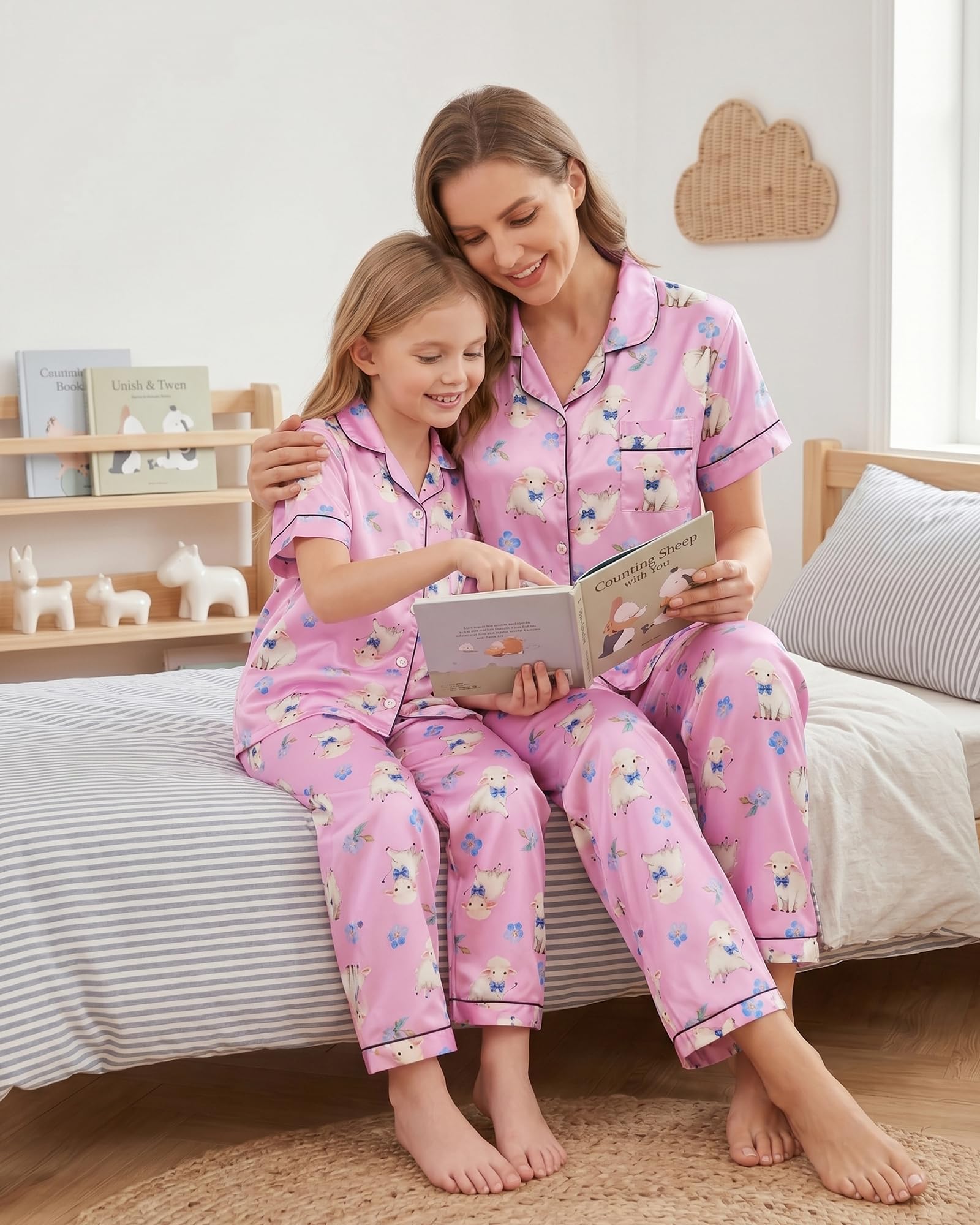 Mommy and Me Pajamas Mother Daughter Family Matching Sleepwear Button Down Silky Satin Nightwear