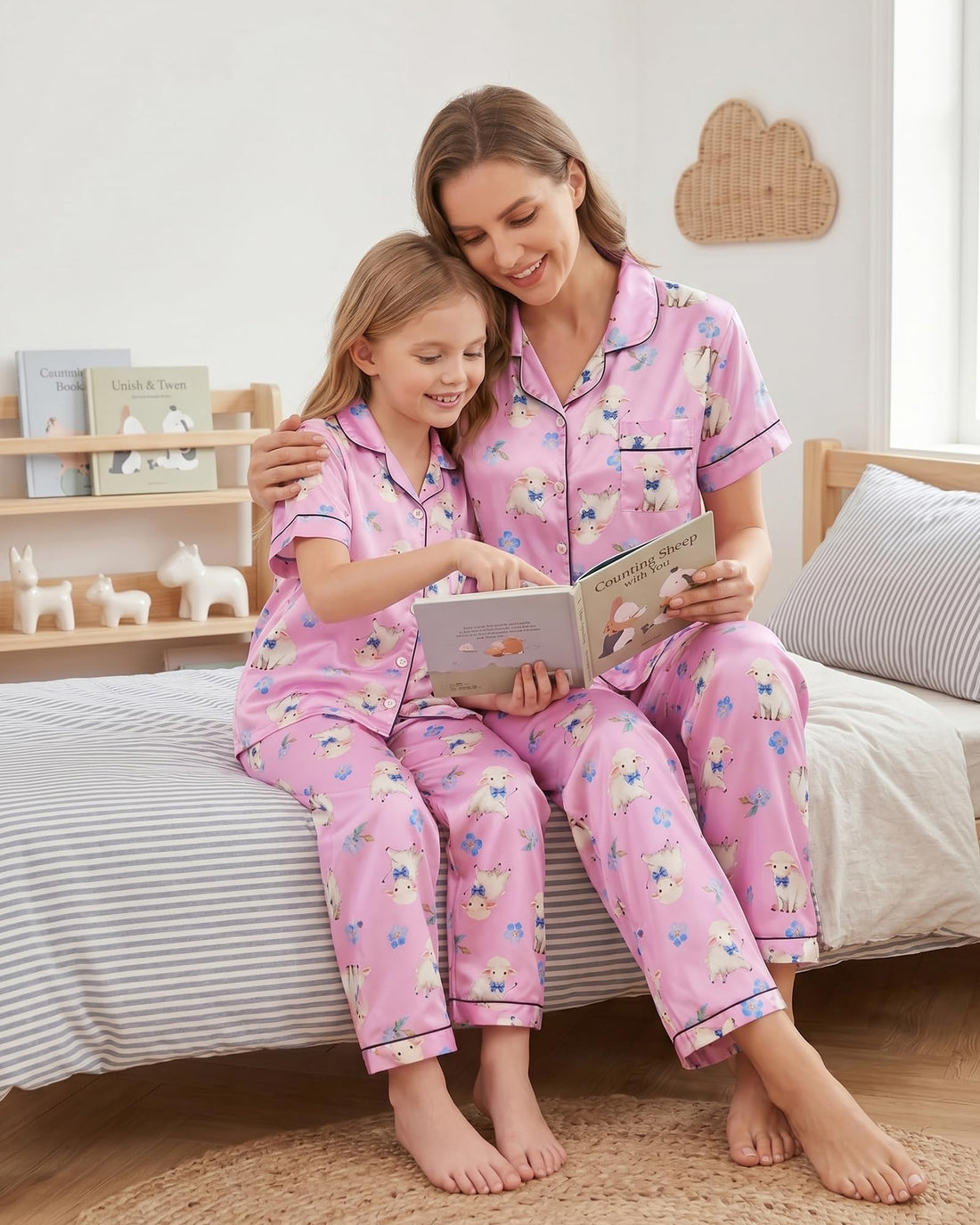 Mommy and Me Pajamas Mother Daughter Family Matching Sleepwear Button Down Silky Satin Nightwear