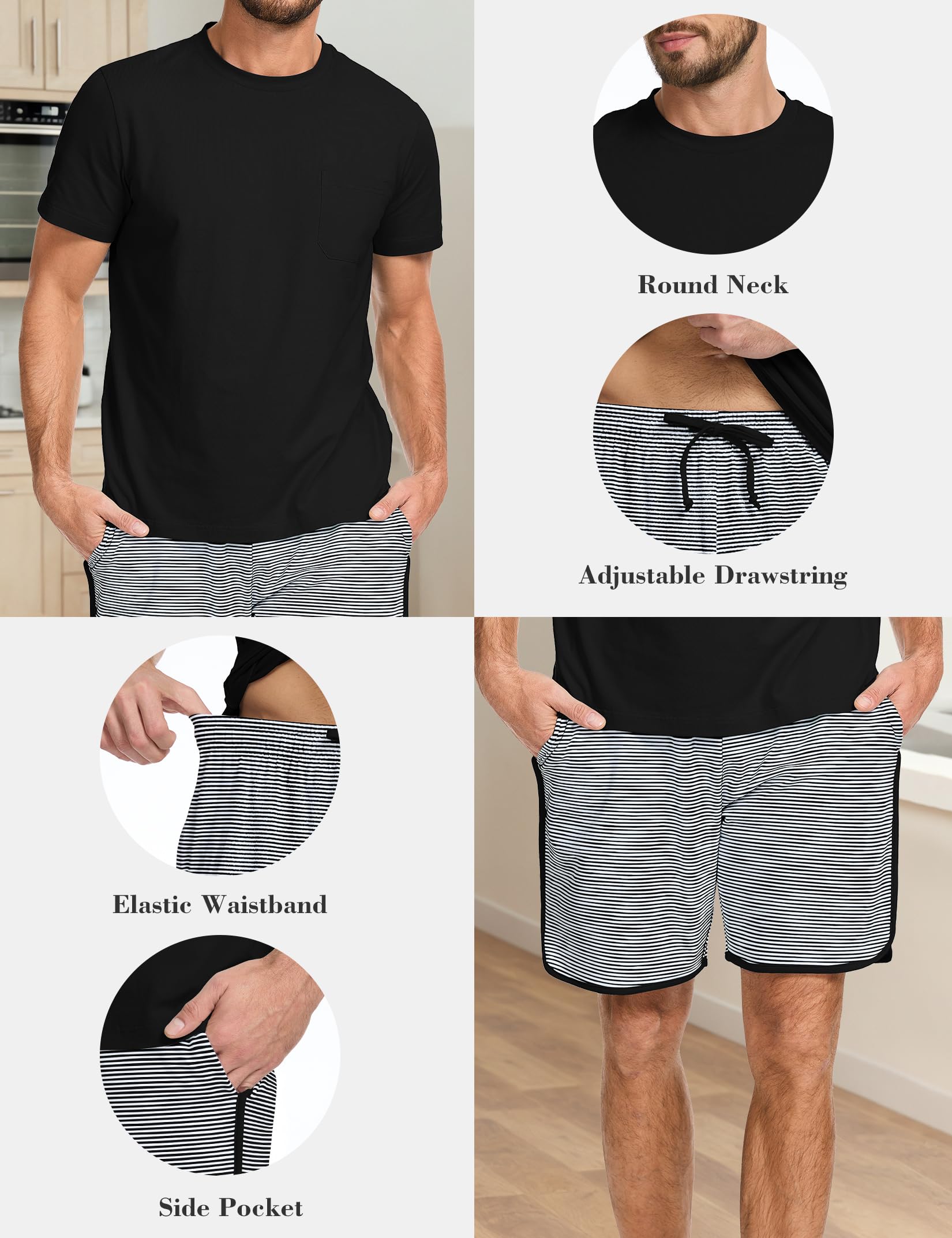Mens Cotton Pajamas Set Stripe 2 Piece Lounge Set Pjs Summer Short Sleeve and Shorts Comfy Loungewear with Pockets WEBE CLOTHING