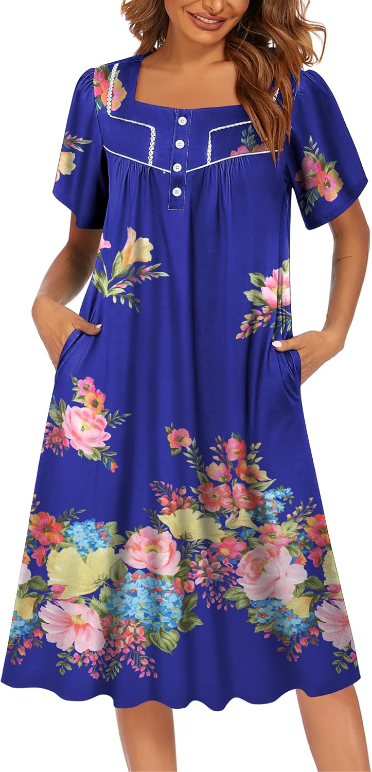 Ekouaer Women's House Dress with Pockets Moomoo Dresses Short Sleeve Mumu Nightgown Lounge Dress Button Down Sleepwear WEBE CLOTHING