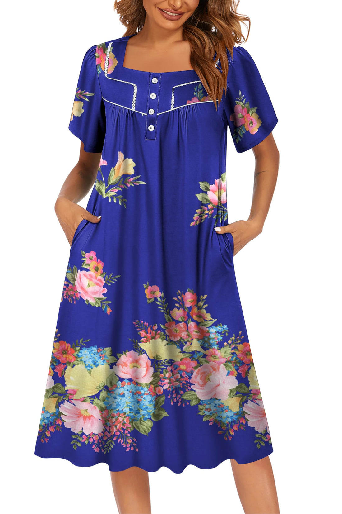 Ekouaer Women's House Dress with Pockets Moomoo Dresses Short Sleeve Mumu Nightgown Lounge Dress Button Down Sleepwear WEBE CLOTHING