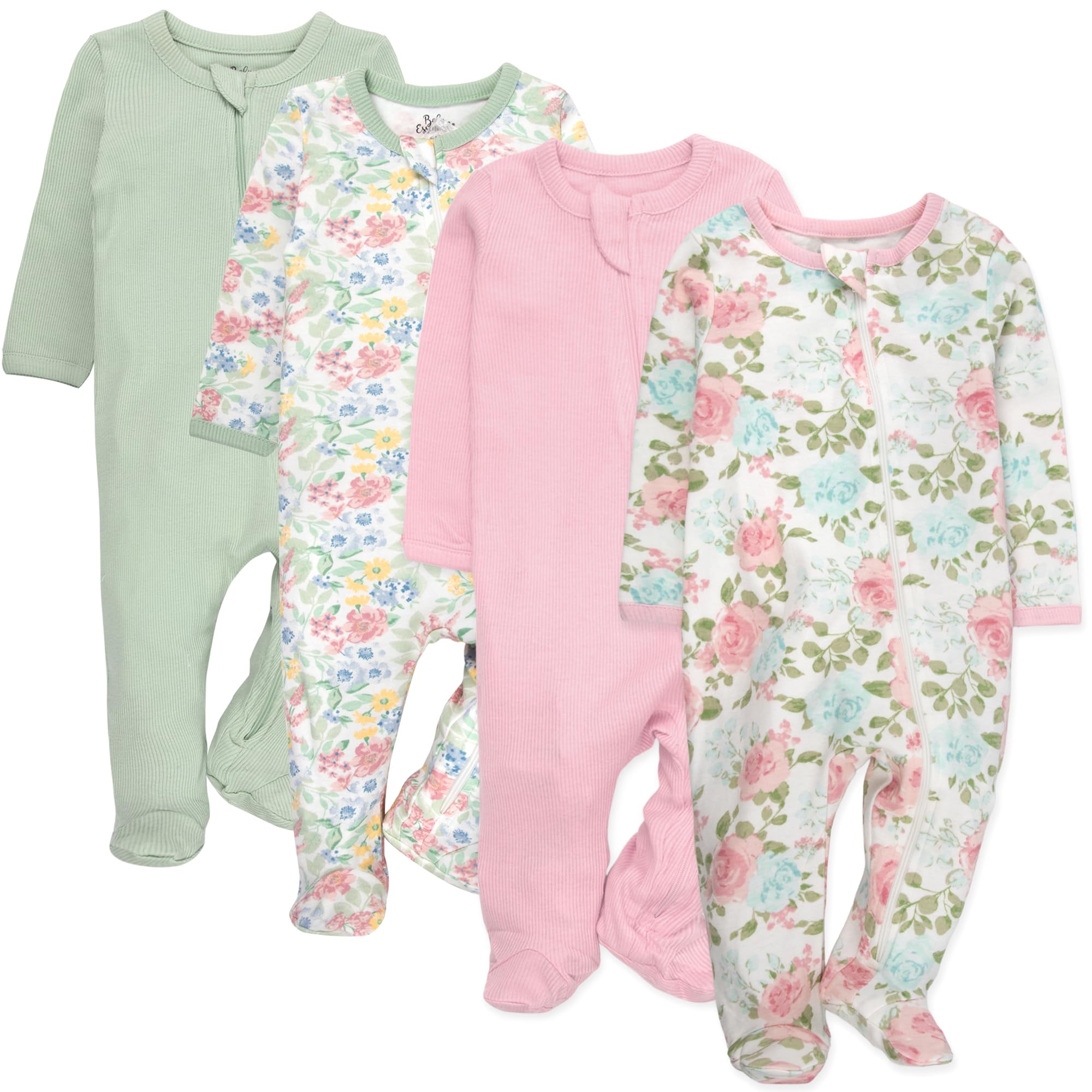Baby Essentials Baby Girls 4 Piece Outfit Set – Footie Sleepwear Pajama Bodysuits – Spring & Summer Baby Clothes Gift Set