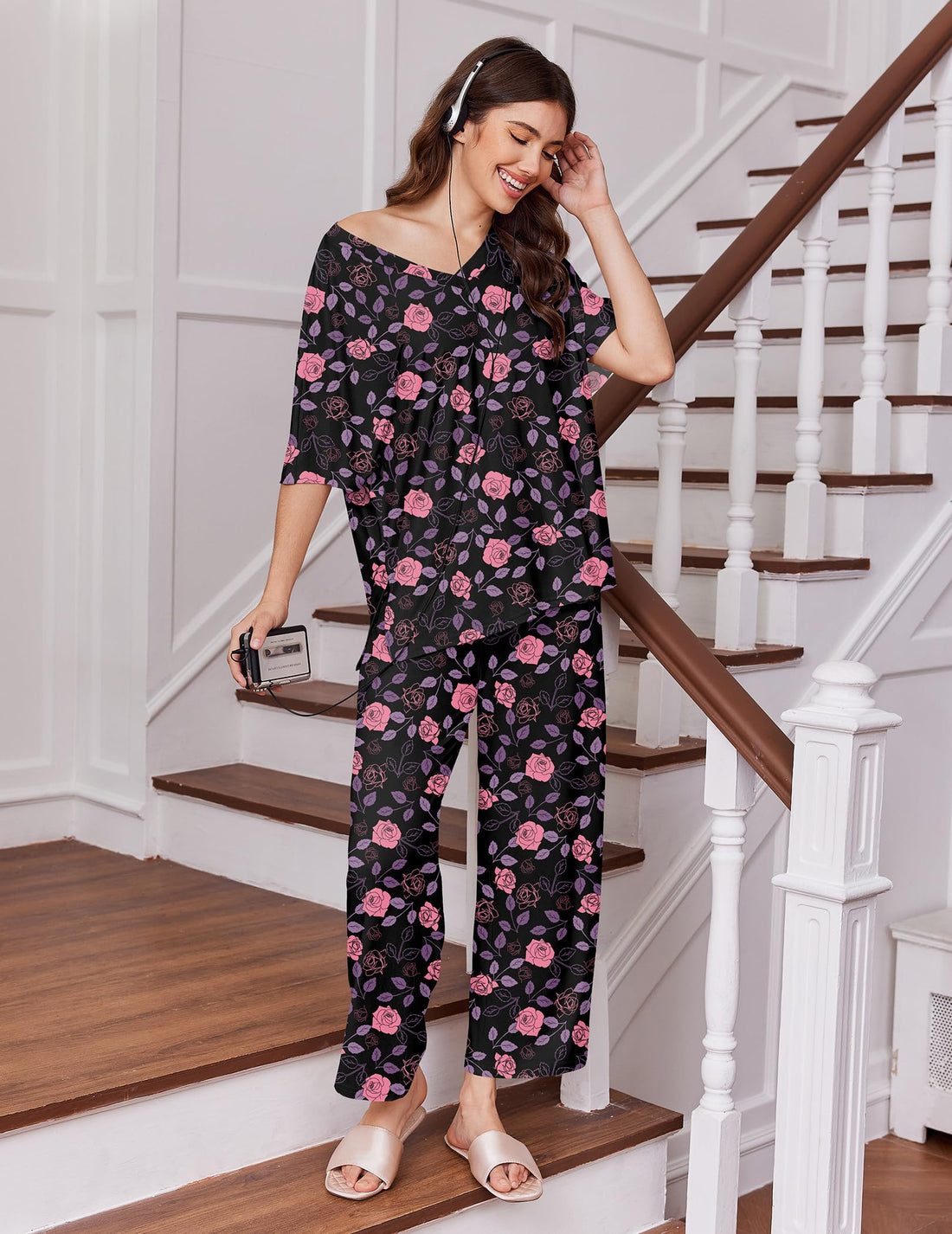 Ekouaer 2 Packs Lounge Sets for Women Short Sleeve Pajamas Set V Neck Top and Long Pants Comfy Pjs Outifts with Pockets