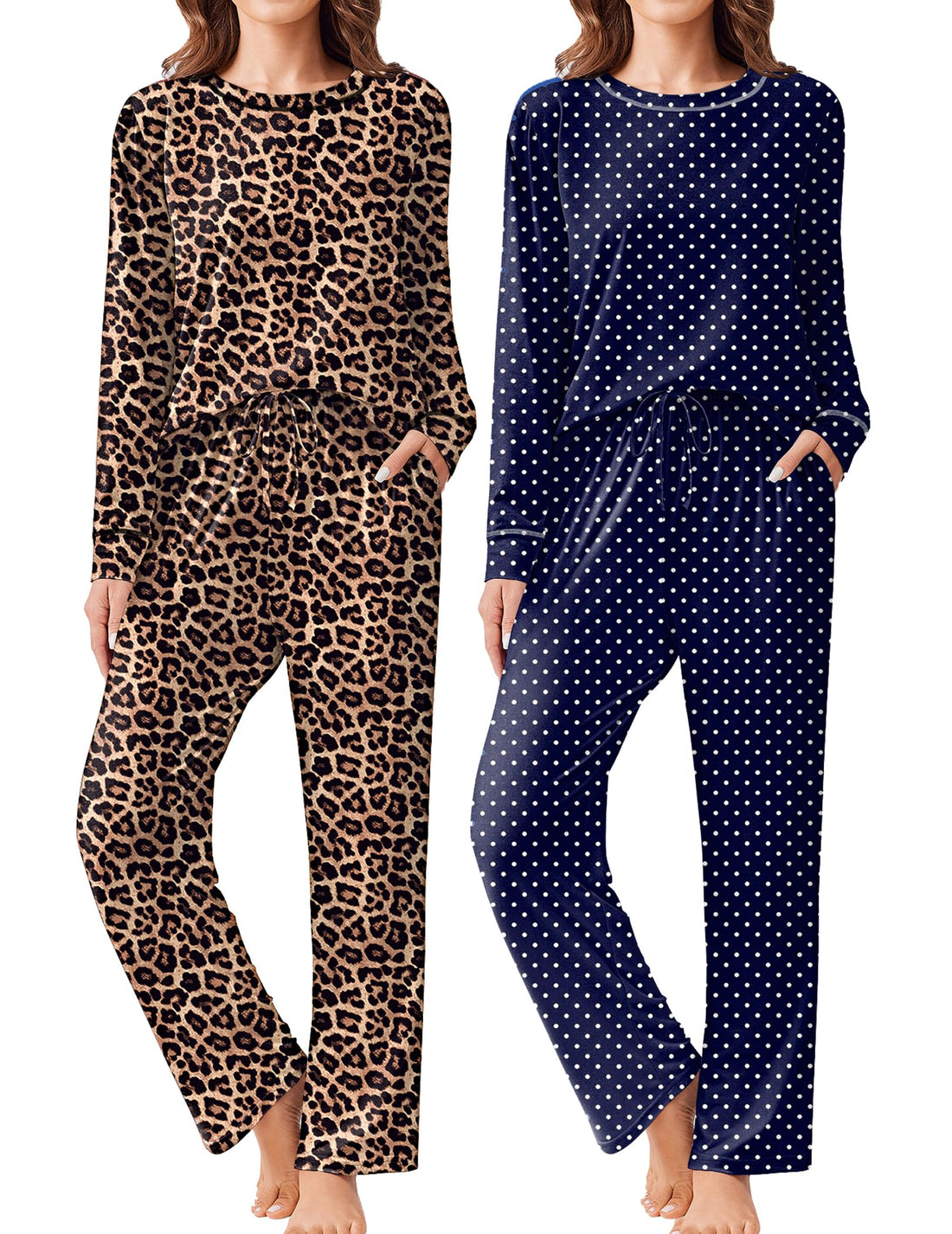 Ekouaer 2 Pack Women Pajama Long Sleeve Sleepwear Soft Loungewear Pjs Sets with Pockets S-XXL
