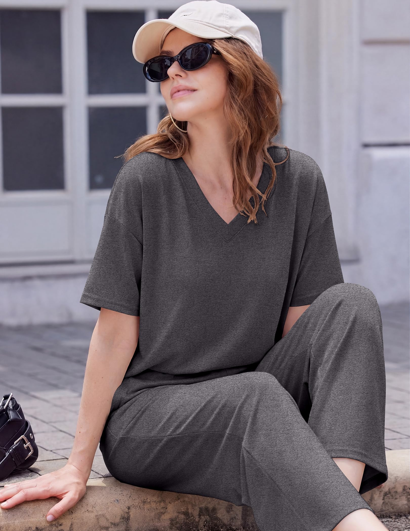 Ekouaer 2 Packs Lounge Sets for Women Short Sleeve Pajamas Set V Neck Top and Long Pants Comfy Pjs Outifts with Pockets