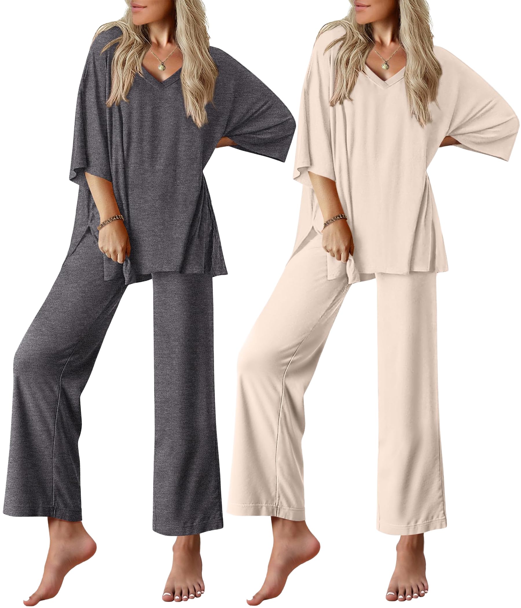 Ekouaer 2 Packs Lounge Sets for Women Short Sleeve Pajamas Set V Neck Top and Long Pants Comfy Pjs Outifts with Pockets