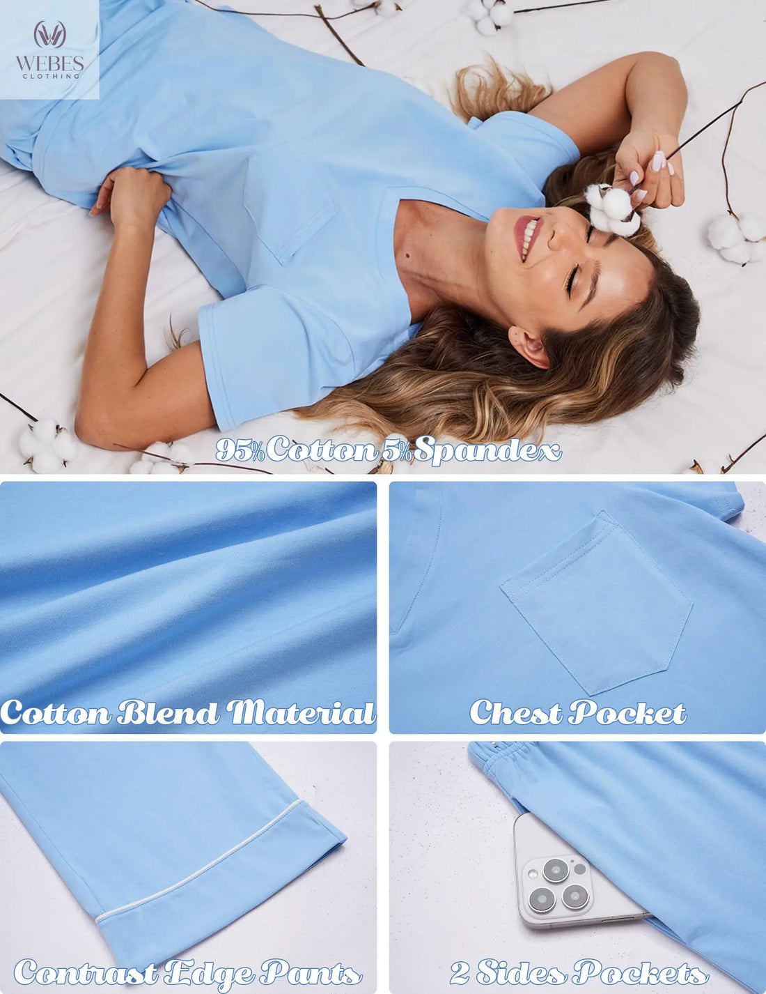Ekouaer Cotton Pajamas for Women Set Short Sleeve Top and Capri Pants | 2 Pieces Lounge Set with Pockets V Neck Comfy Soft Sleepwear for Mom, Wife, Grandmother WEBE CLOTHING