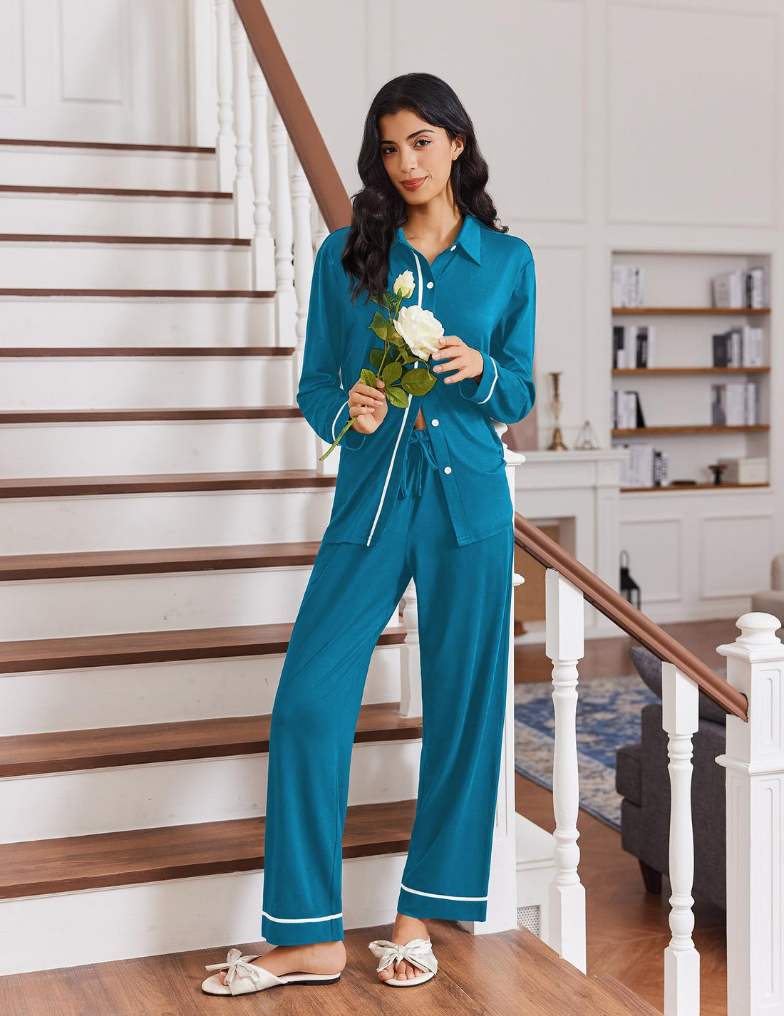 Ekouaer Womens Pajama Sets Long Sleeve Sleepwear Soft Button Down Pjs 2 Piece Loungewear witn Pants S-XXL