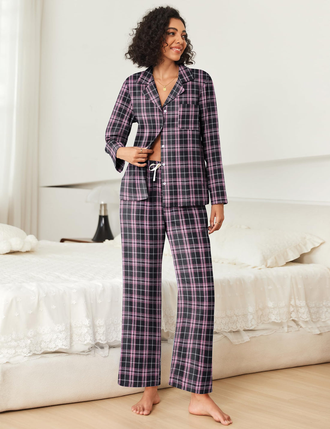 Ekouaer Womens Pajama Sets 2 Piece Cotton Plaid Pjs Long Sleeve Sleepwear Button Down Lounge Set with Pockets