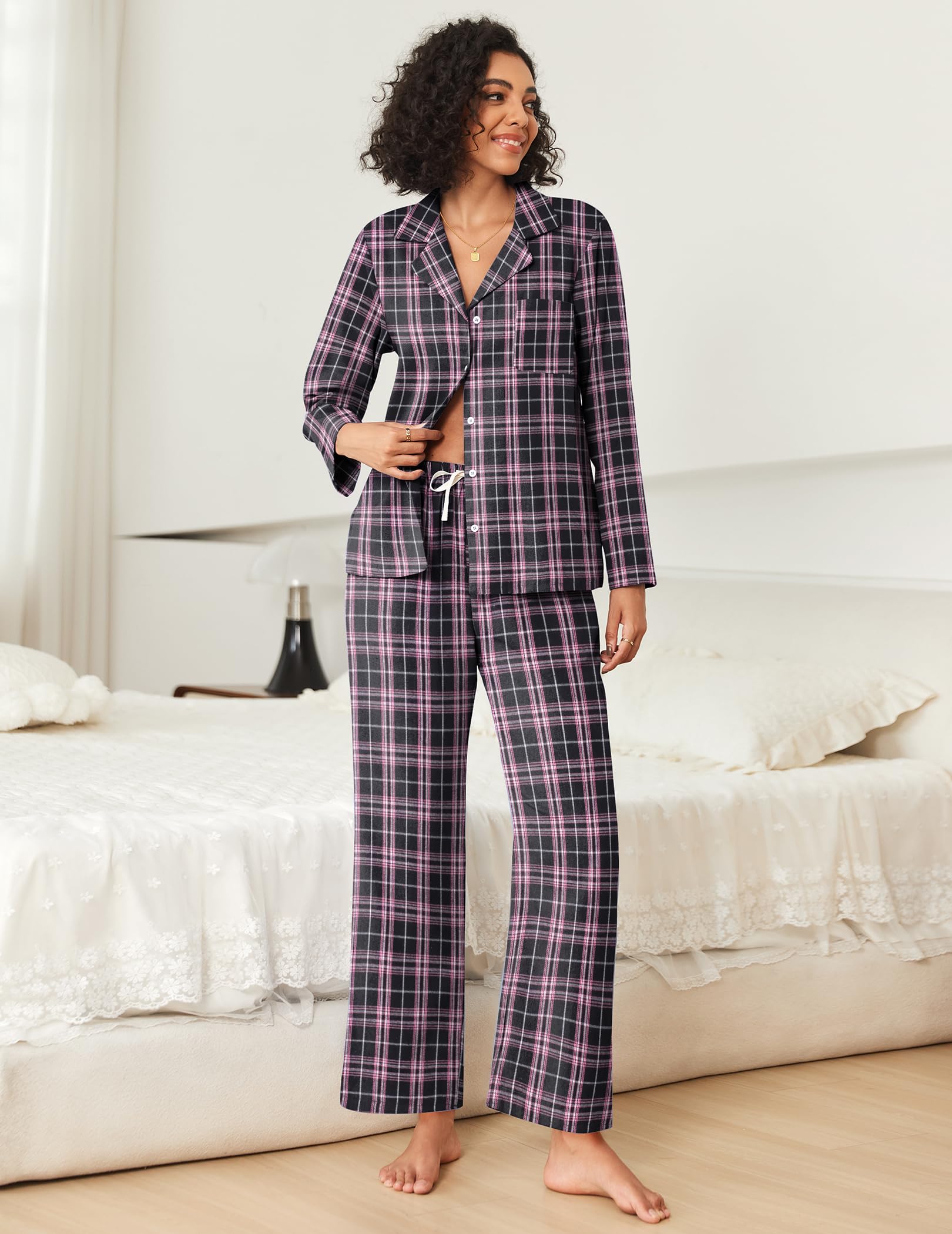 Ekouaer Womens Pajama Sets 2 Piece Cotton Plaid Pjs Long Sleeve Sleepwear Button Down Lounge Set with Pockets