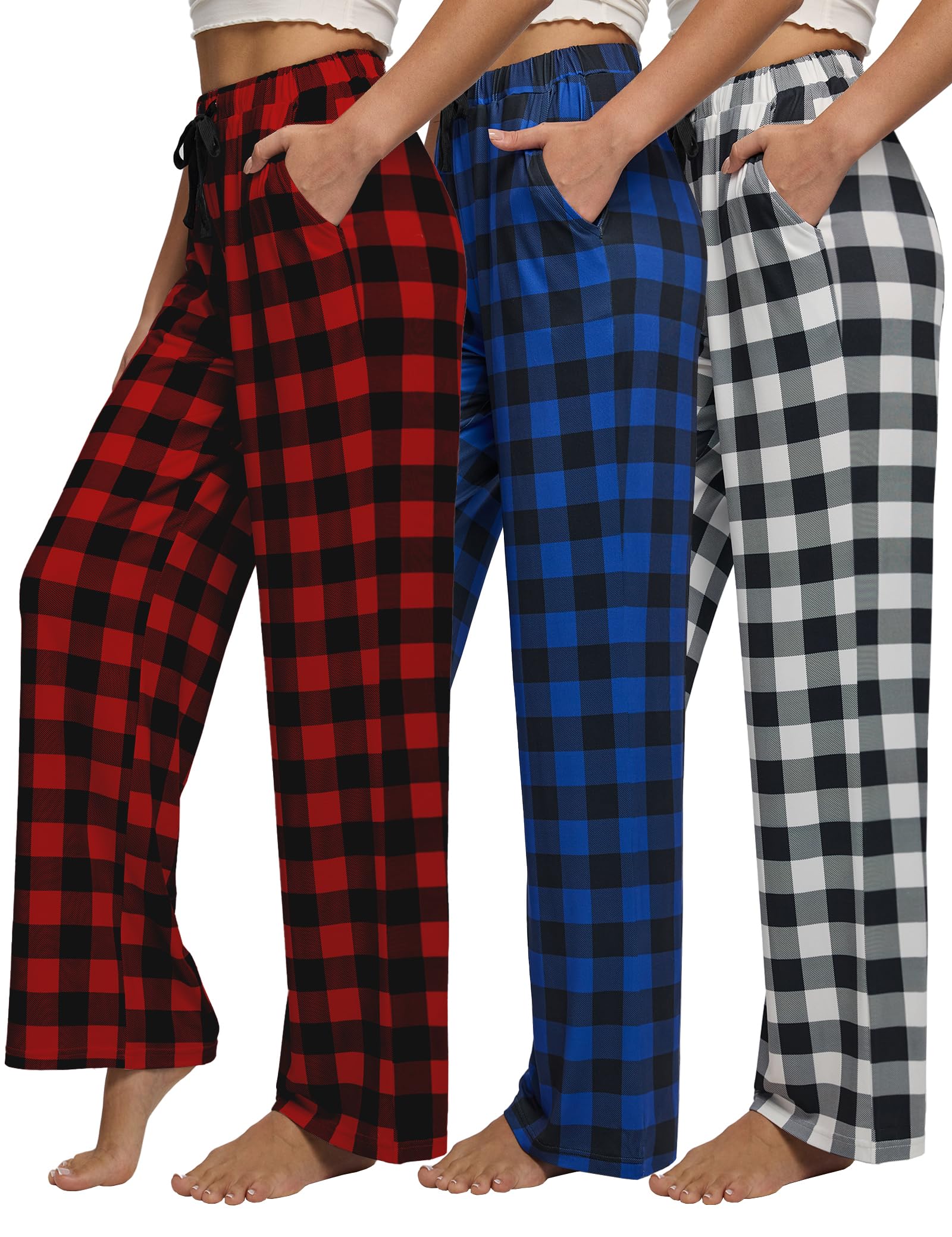 Women Pajama Pants 3-Pack Plaid Sleep Lounge PJ Bottoms with Pockets