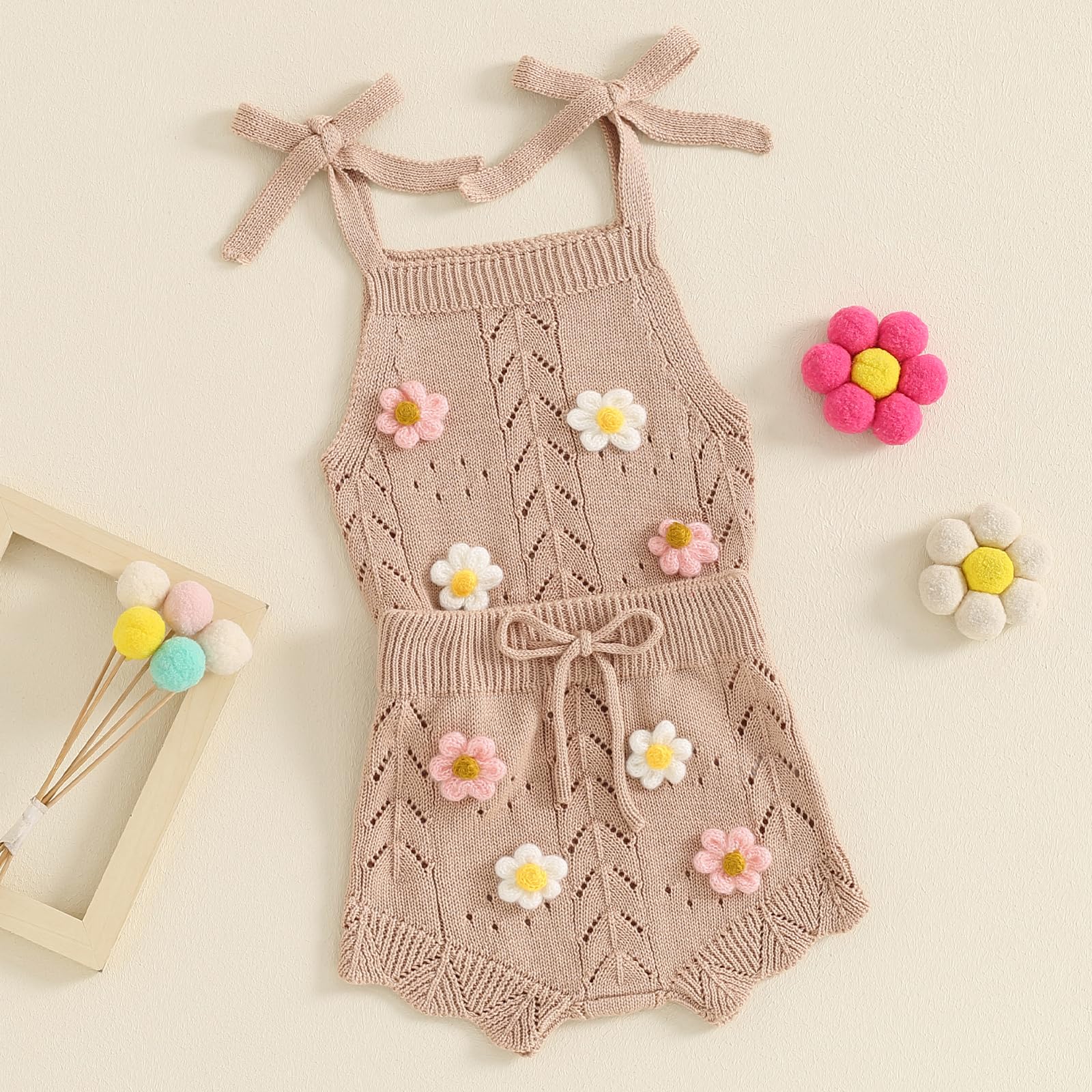 TheFound Toddler Baby Girls Knitted Outfit Tie-up Tank Top Elastic Waist Flower Shorts Summer Clothes 6 12 18 24 Months 2t 3t WEBE CLOTHING