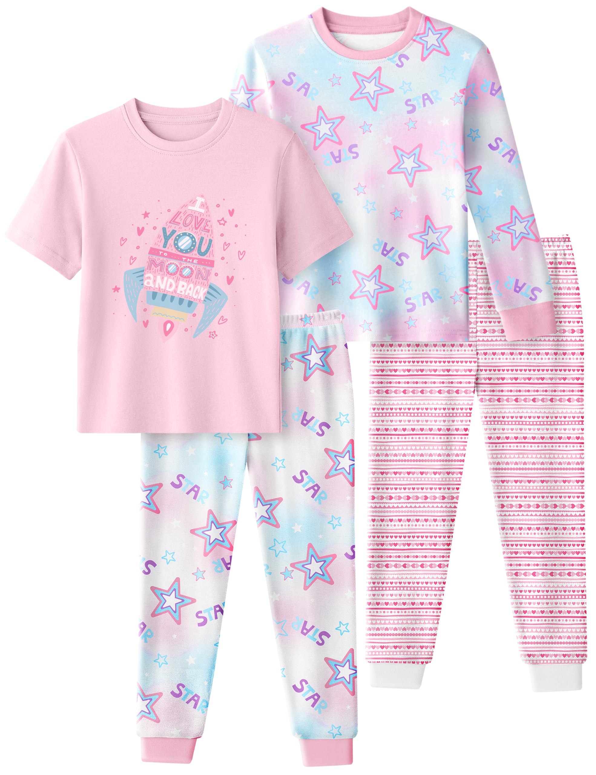 Yoofoss Toddler Pajamas 100% Organic Cotton Girls Boys Pajamas for Kids 4 Piece Snug Fit Long & Short Sleeves Pjs Set