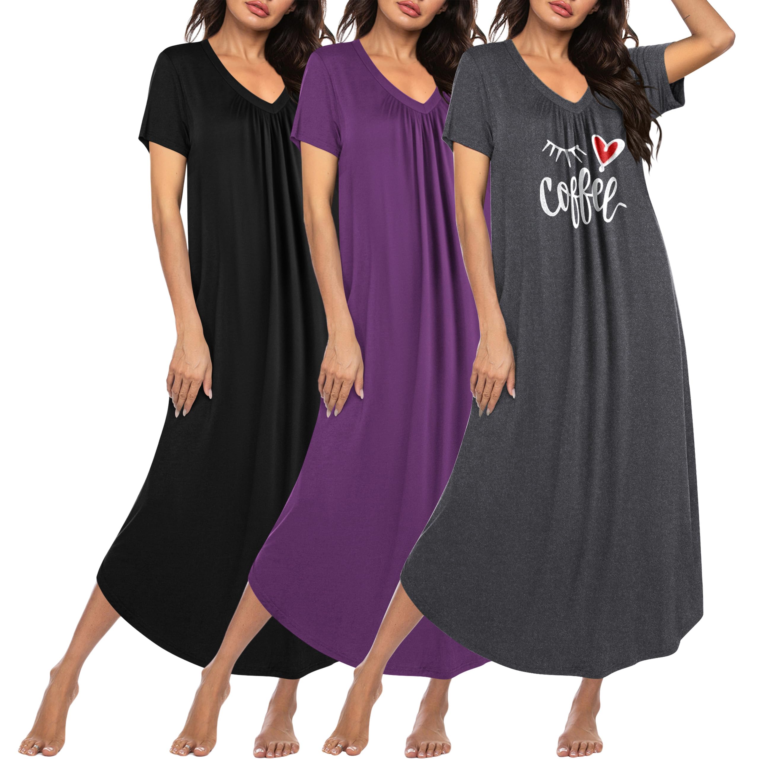 Ekouaer Long Nightgowns for Women 3 Pack House Dress Plus Size Moo Moos | V Neck Night Gowns,Short Sleeve Sleep Dress,Ladies Lounge Dress,Soft Sleep Shirt,Casual Night dress for Sleeping,Daily Wear WEBE CLOTHING