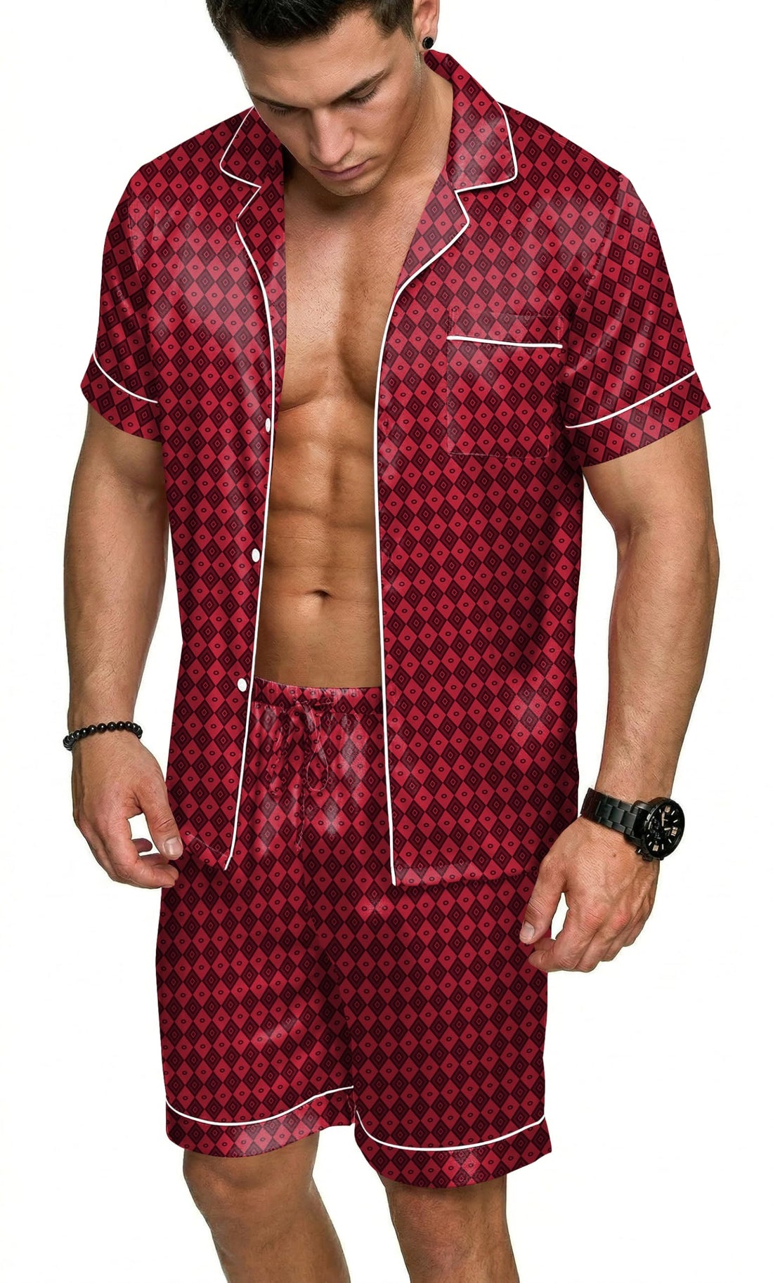 Ekouaer Mens Silk Satin Pajamas Set, Short Sleeve Sleepwear Lightweight Button Up Lounge Pjs Set with Pockets S-4XL WEBE CLOTHING