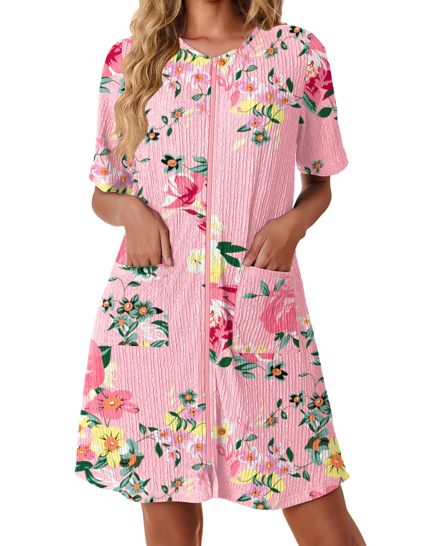 Ekouaer Women Zipper Robes Knit Short Bathrobe Lightweight House Coat with Pockets Soft Nightgown S-XXL WEBE CLOTHING
