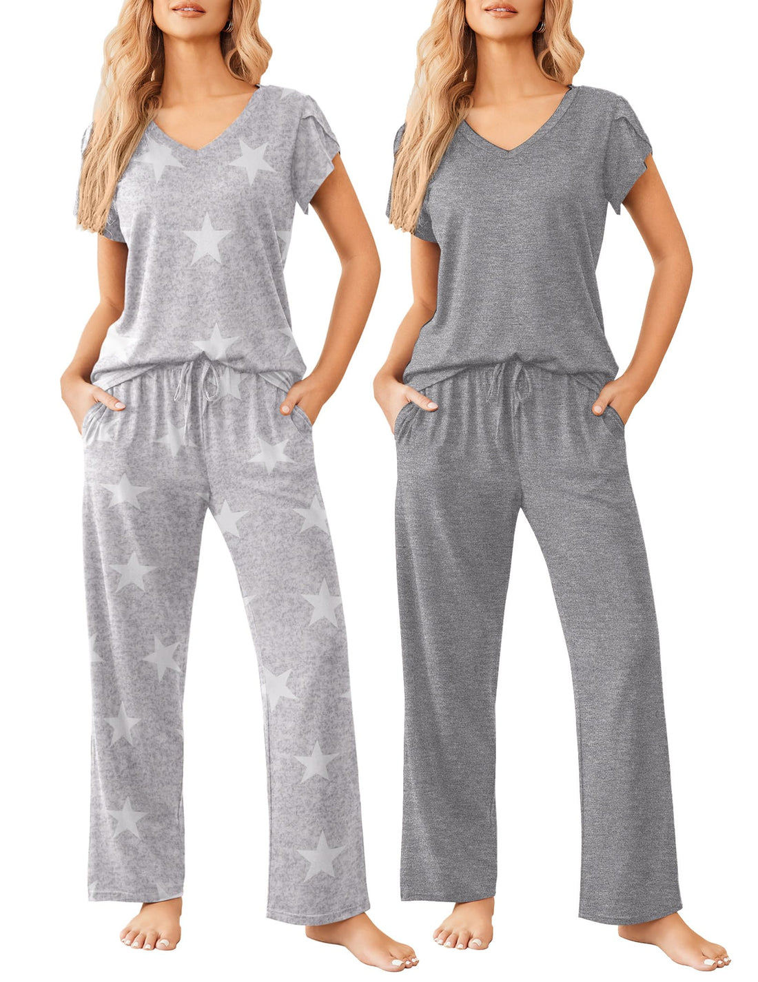 Ekouaer 2 Pack Womens Pajamas Short Sleeve Sleepwear Top with Pants Super-Soft Printed Lounge Sets S-XXL