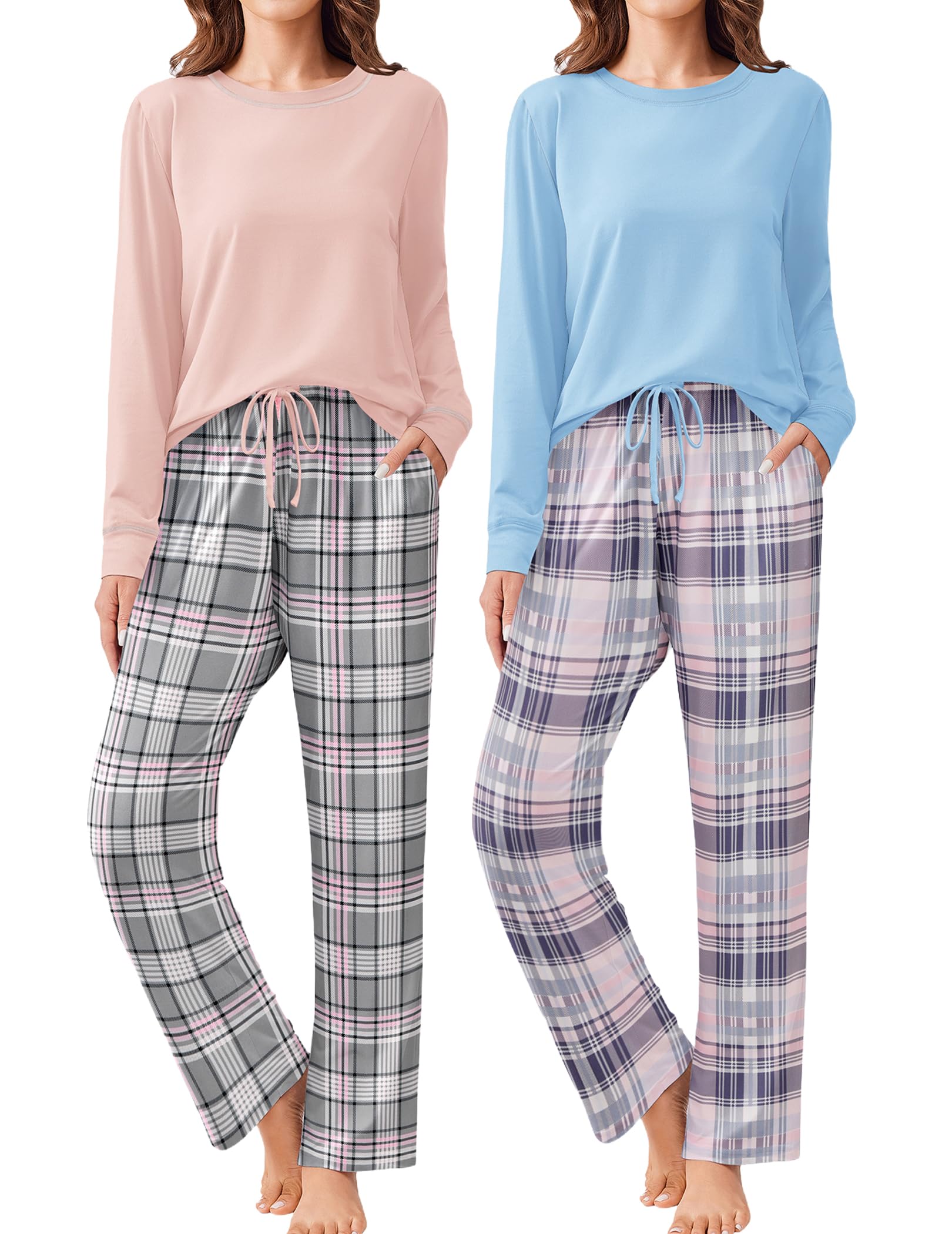 Ekouaer 2 Pack Women Pajama Long Sleeve Sleepwear Soft Loungewear Pjs Sets with Pockets S-XXL