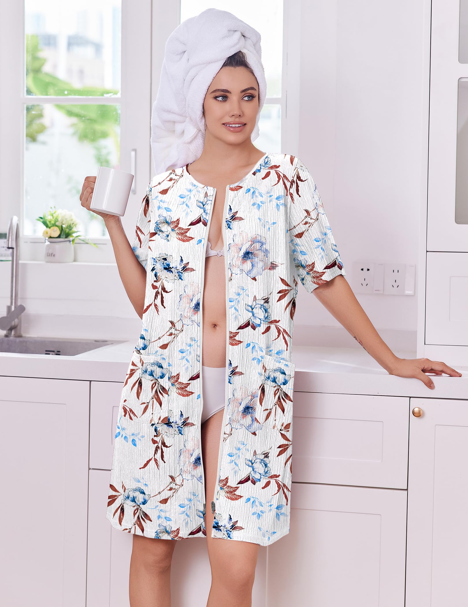 Ekouaer Women Zipper Robes Knit Short Bathrobe Lightweight House Coat with Pockets Soft Nightgown S-XXL WEBE CLOTHING