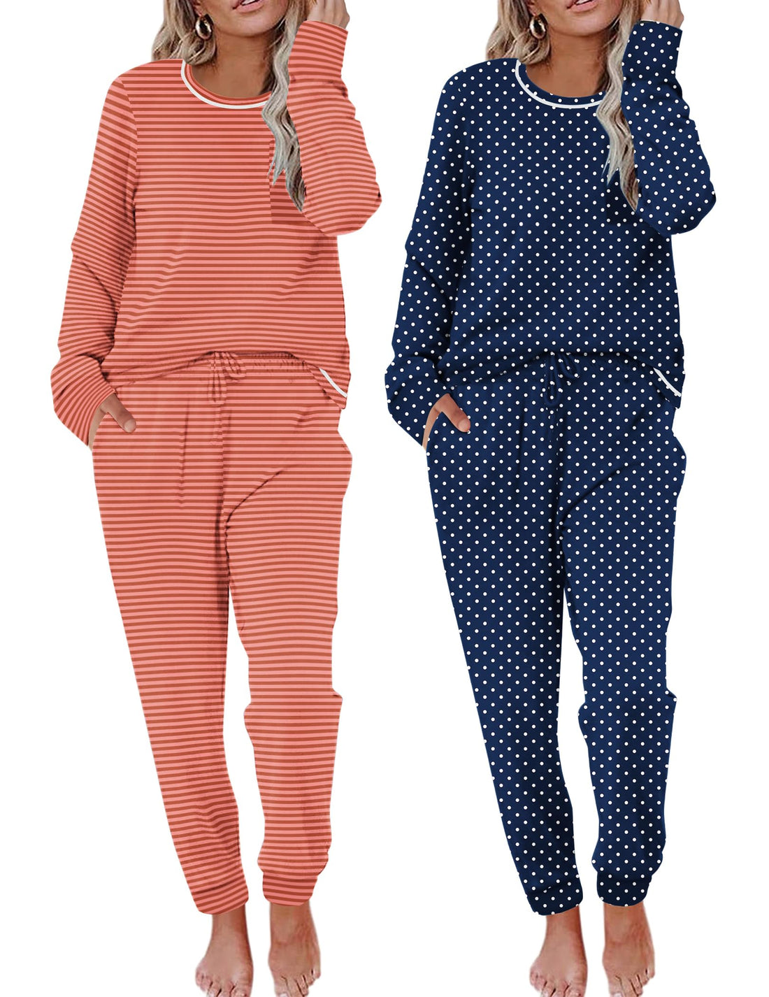 Ekouaer 2 Pack Womens Pajama Sets Long Sleeve Lounge Sets Soft Pj Sleepwear Loungewear