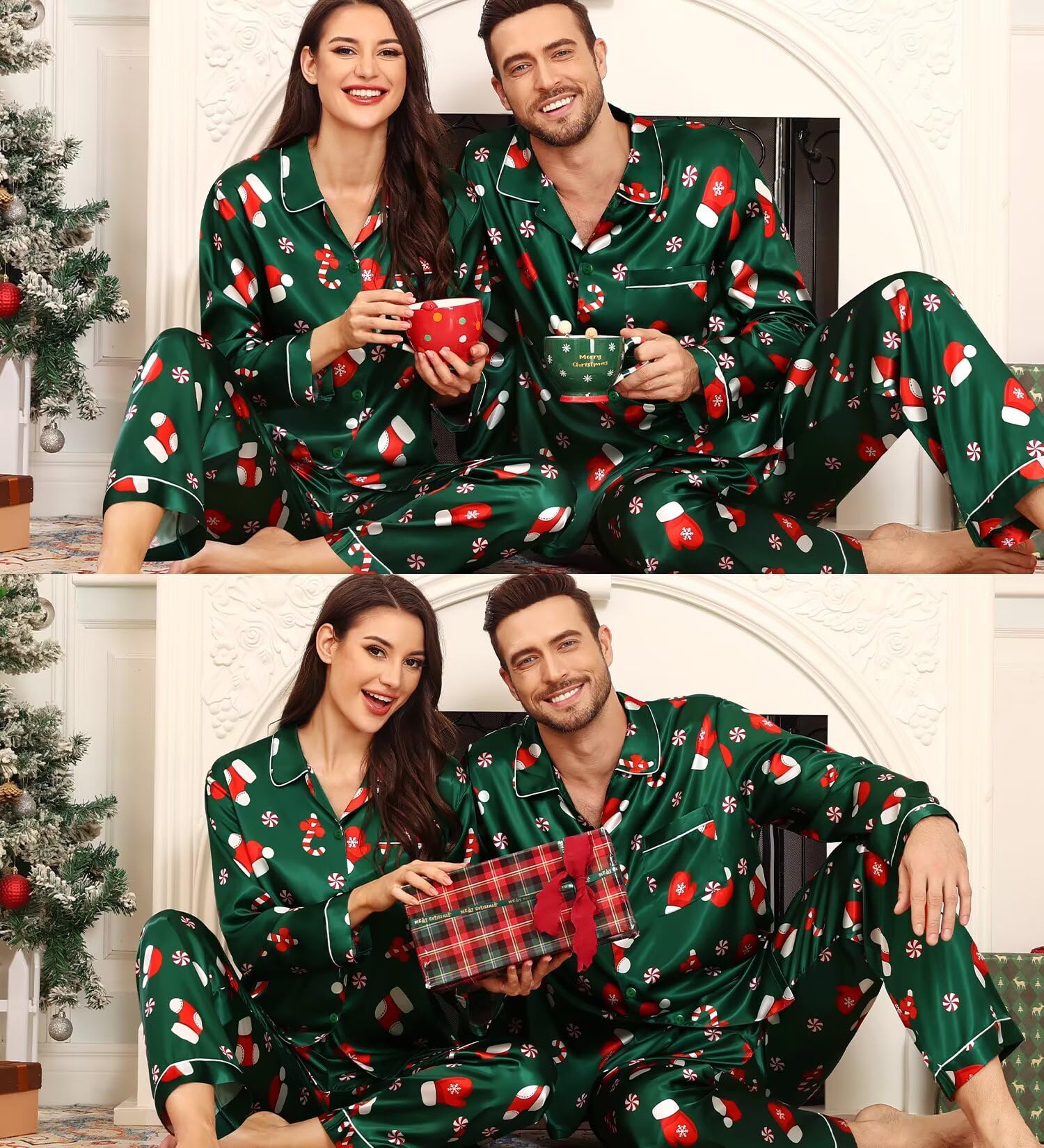 SWOMOG Family Matching Pajama Set 2Pcs Silk Satin Sleepwear Long Sleeve Button Down Loungewear