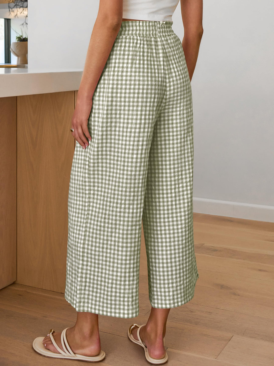 ANRABESS Womens Striped Gingham Palazzo Capri Pants Pajama Wide Leg Lounge Trousers Plaid Cute Crop PJ Bottoms with Pockets