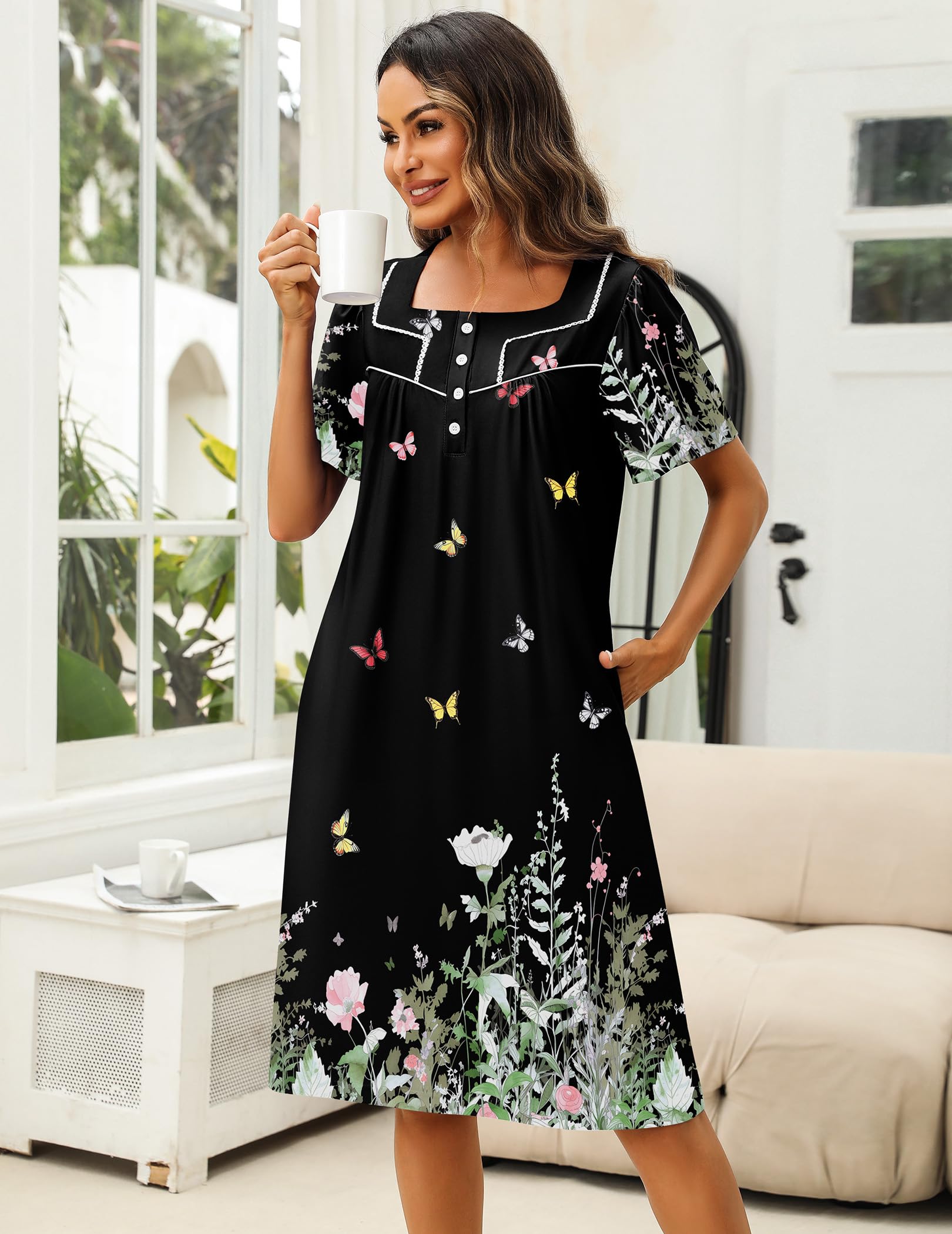 Ekouaer Women's House Dress with Pockets Moomoo Dresses Short Sleeve Mumu Nightgown Lounge Dress Button Down Sleepwear WEBE CLOTHING