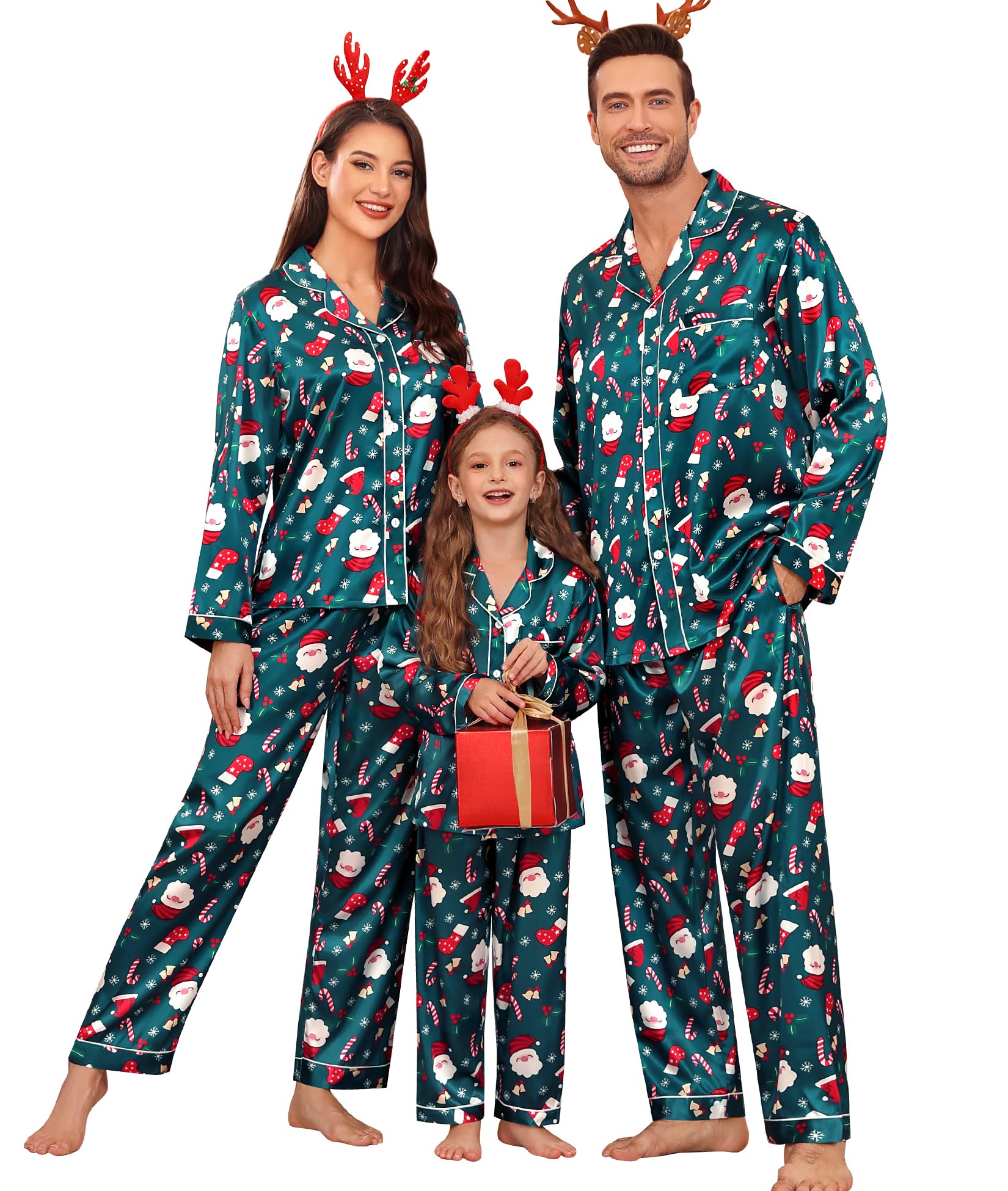 SWOMOG Family Matching Pajama Set Women/Men/Kids Satin Pajamas Long Sleeve Sleepwear Button Down Loungewear 2 Pcs Pj Set