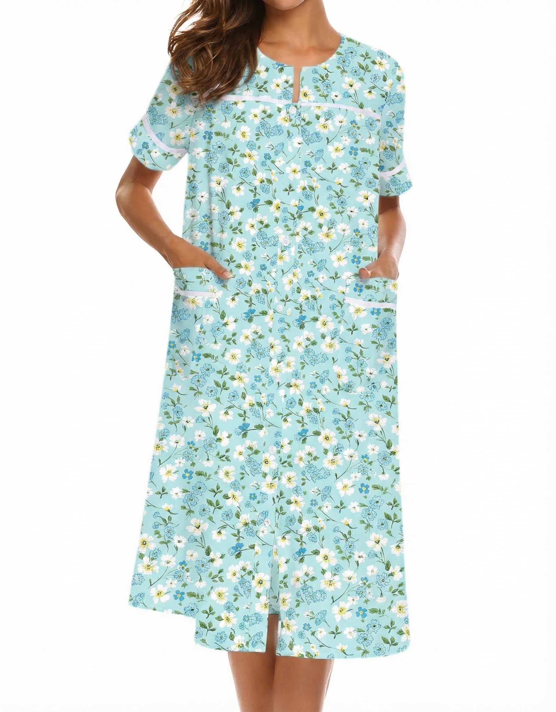 Ekouaer House Dress for Women with Pockets Duster Button Down Nightgown | Nightgowns for Women, Button Dwon House Dress with Pockets, Short Sleeve Duster Housecoat, Moo Moos for Elderly, Mumu Dress