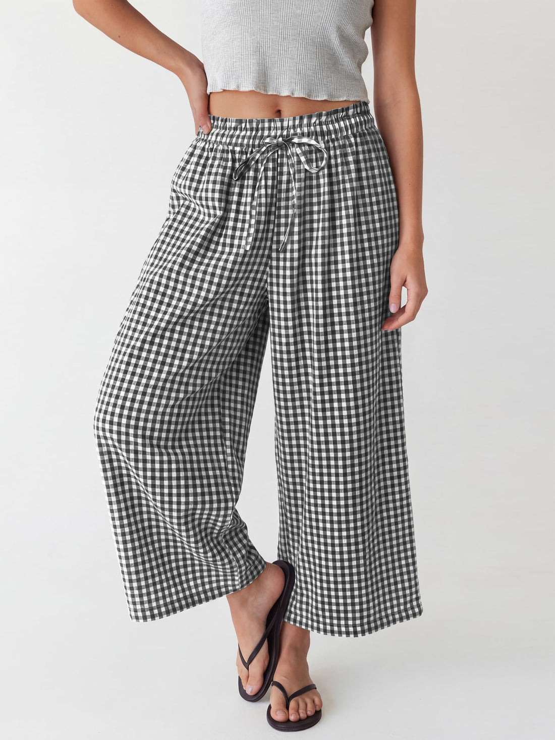 ANRABESS Womens Striped Gingham Palazzo Capri Pants Pajama Wide Leg Lounge Trousers Plaid Cute Crop PJ Bottoms with Pockets