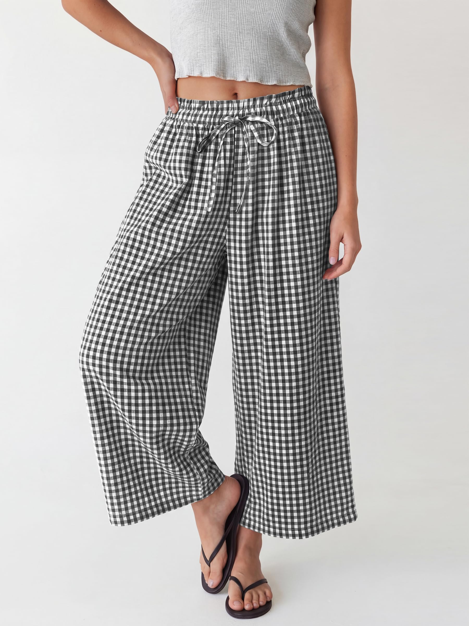 ANRABESS Womens Striped Gingham Palazzo Capri Pants Pajama Wide Leg Lounge Trousers Plaid Cute Crop PJ Bottoms with Pockets
