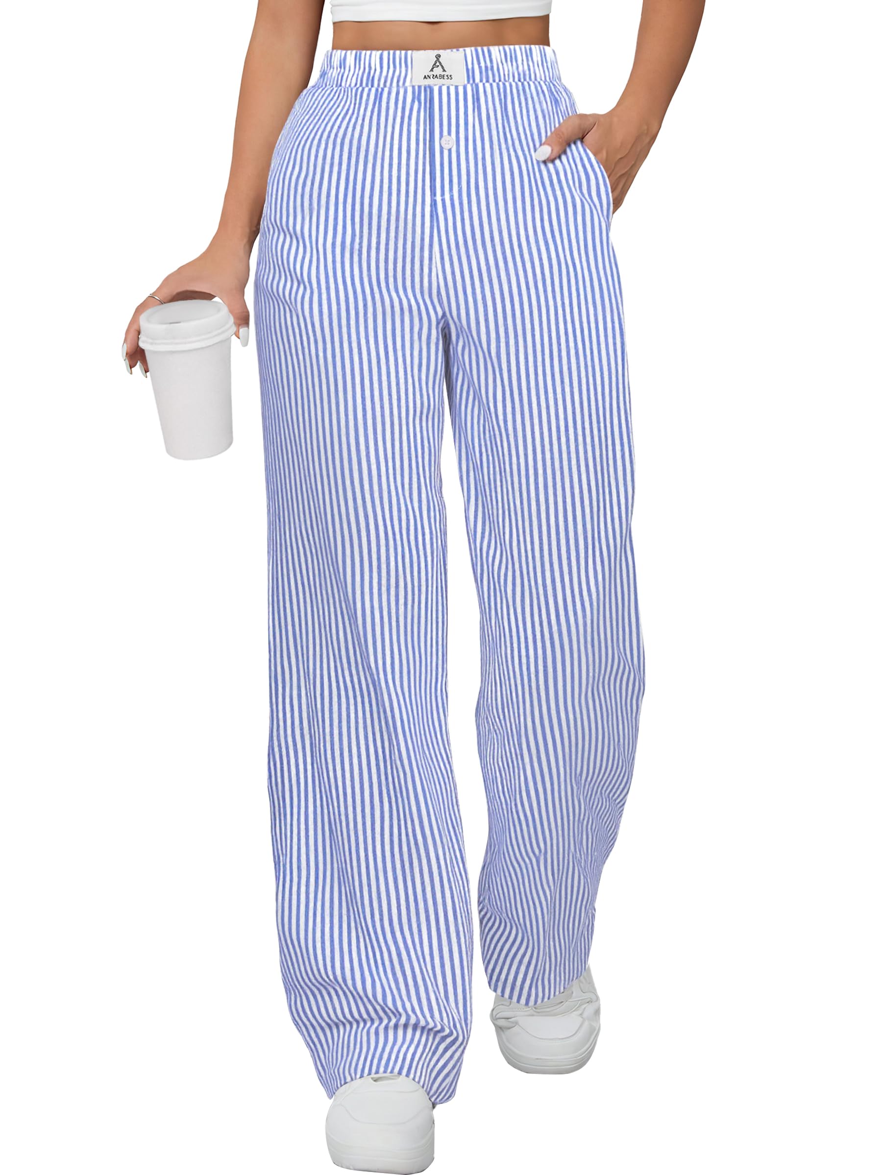 ANRABESS Womens Gingham Striped Boxer Pants | Wide Leg Elastic Waist with Pockets, Lounge Pajama Bottoms Home Daily Wear, Lightweight Breathable, Casual Summer Fall