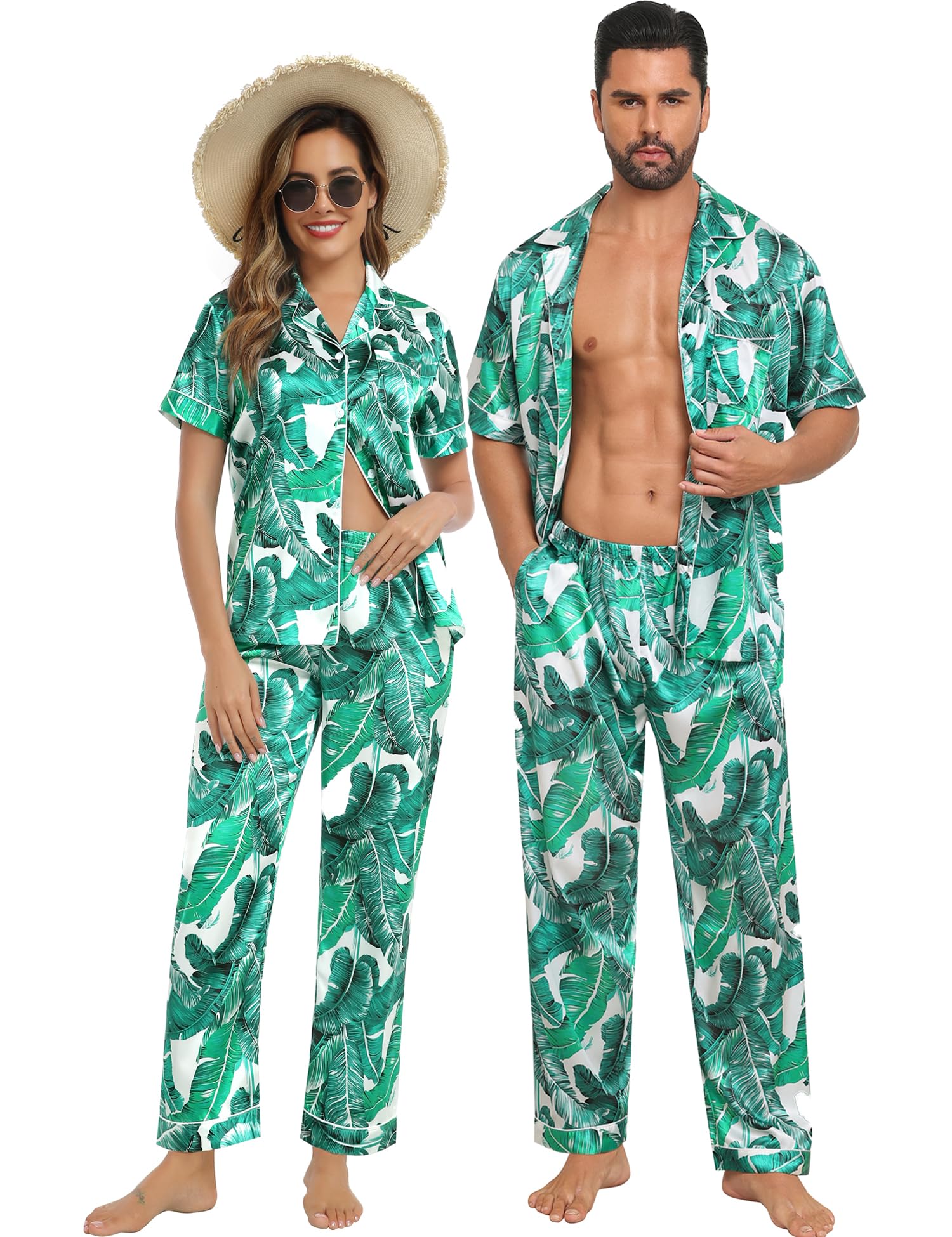 SWOMOG Couples Pajamas Sets Women & Men Satin Short Sleeve Sleepwear Button Down Loungewear Pjs Set with Long Pants