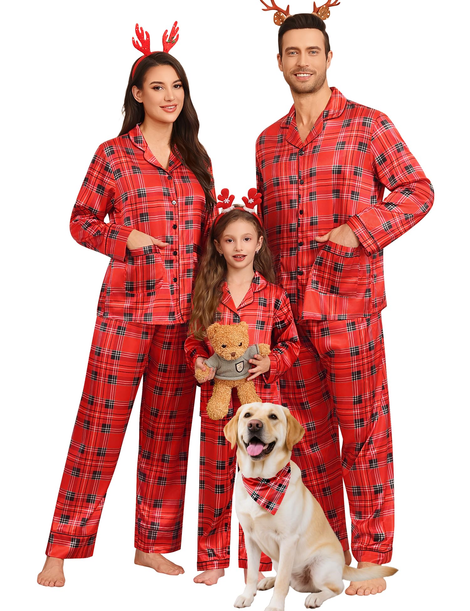 SWOMOG Matching Family Pajamas Set Women & Men & Kids Silk Satin Pjs 2 Pcs Long Sleeve Button Down Sleepwear with 2 Pockets