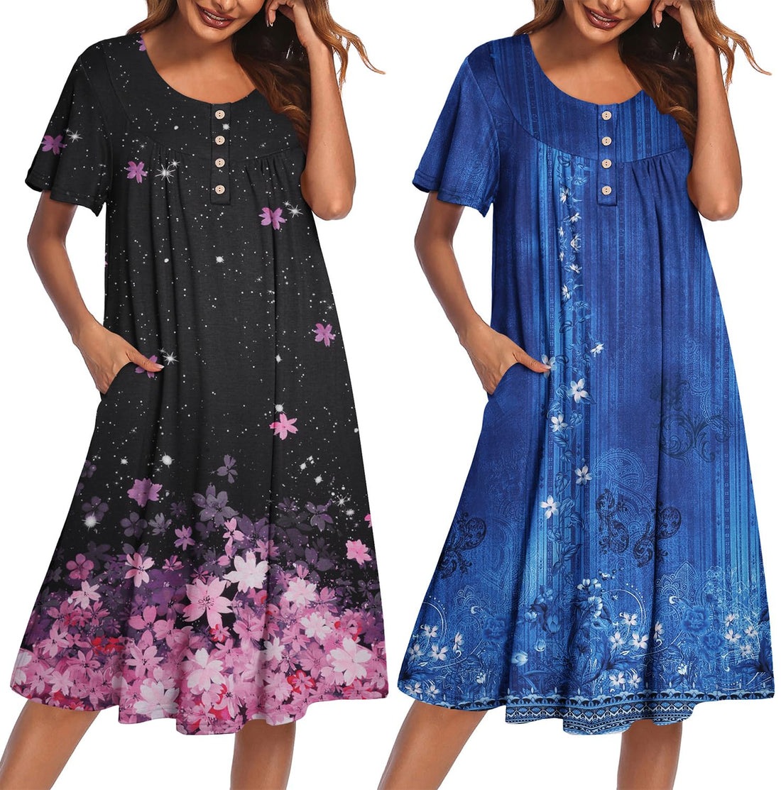 Ekouaer 2 Pack House Dresses for Women with Pockets Short Sleeve Moo Moos | Ruffle Sleeve Mumu Dress, Soft Button Front Nightgown, Two Side Pockets, Comfy Sleepwear, Perfect for Your Mom, Grandma, Gift WEBE CLOTHING