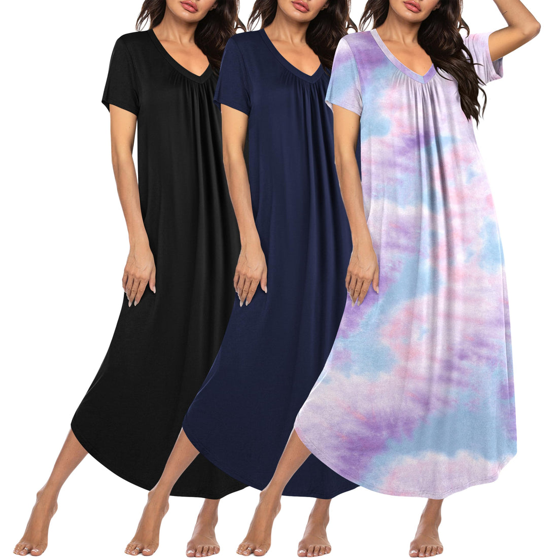 Ekouaer Long Nightgowns for Women 3 Pack House Dress Plus Size Moo Moos | V Neck Night Gowns,Short Sleeve Sleep Dress,Ladies Lounge Dress,Soft Sleep Shirt,Casual Night dress for Sleeping,Daily Wear WEBE CLOTHING
