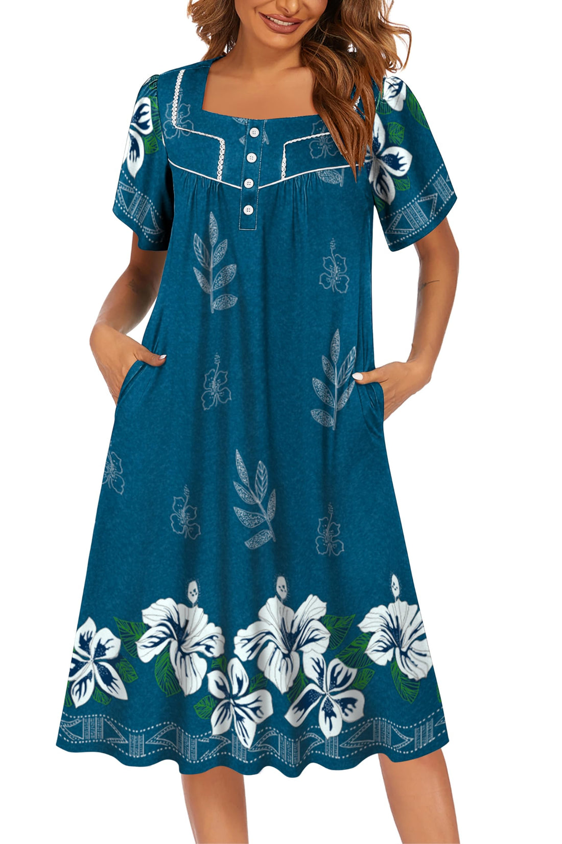 Ekouaer Women's House Dress with Pockets Moomoo Dresses Short Sleeve Mumu Nightgown Lounge Dress Button Down Sleepwear WEBE CLOTHING