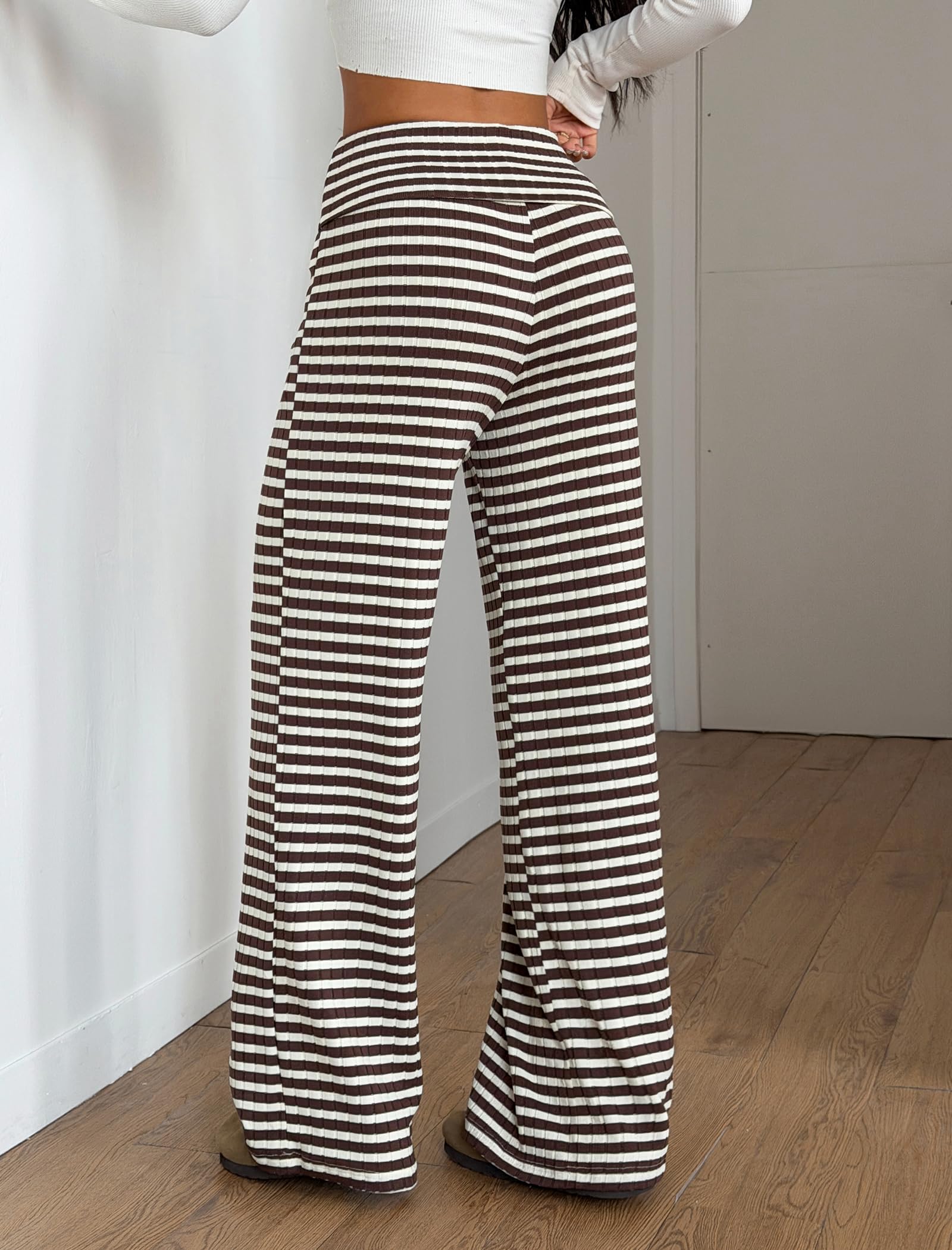 ZAFUL Women's Striped Pants Casual Fold Waist Wide Leg Pants Lightweight Comfy Stretchy Loose Lounge Pajama Pants
