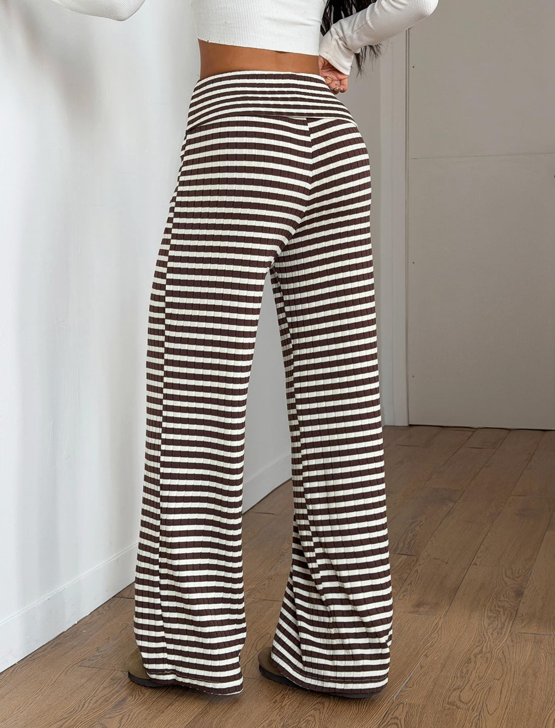 ZAFUL Women's Striped Pants Casual Fold Waist Wide Leg Pants Lightweight Comfy Stretchy Loose Lounge Pajama Pants