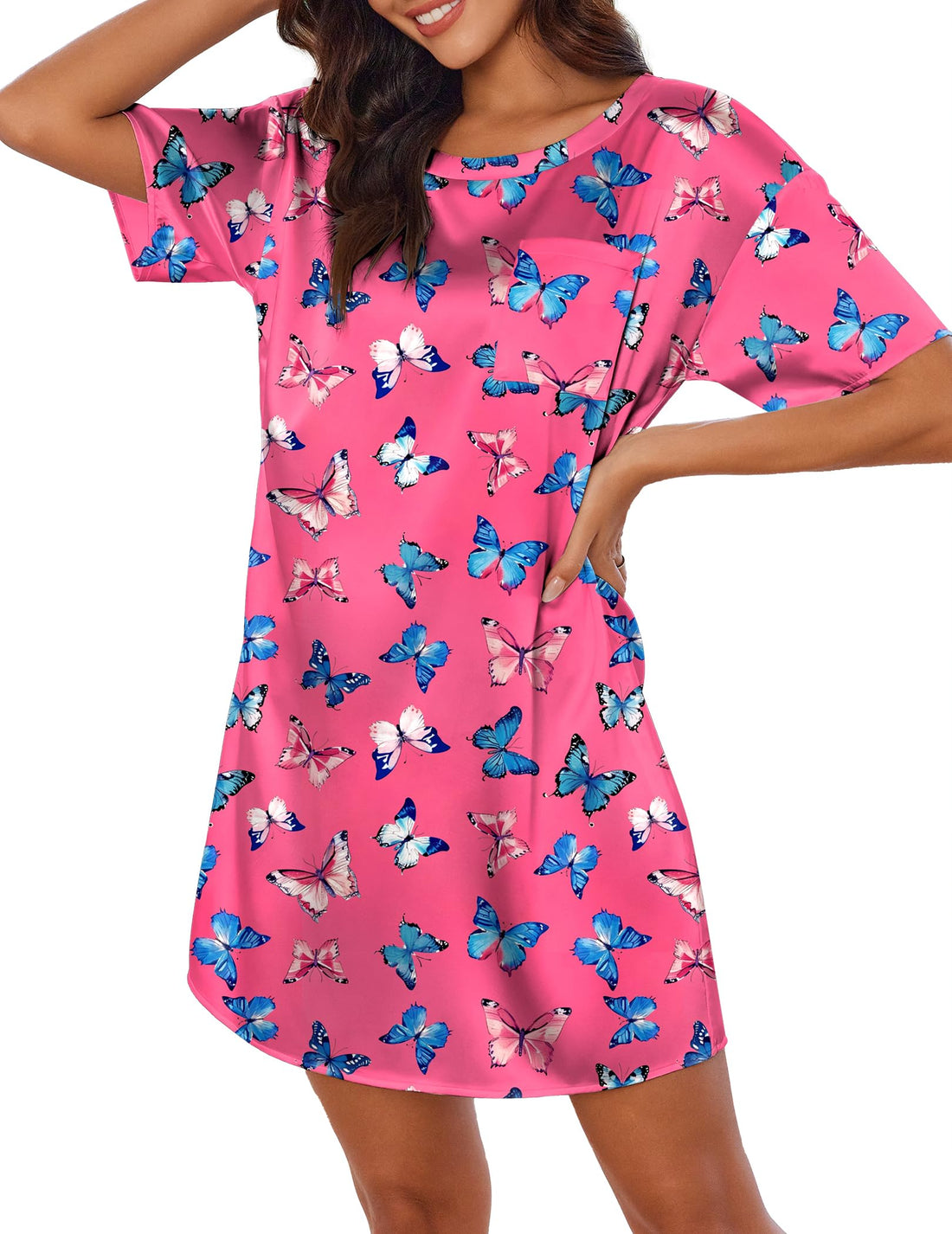 Ekouaer Silk Sleep Shirts for Women Satin Nightshirt Tshirt Nightgown Short Sleeve Round Neck Sleepwear with Pocket S-2XL