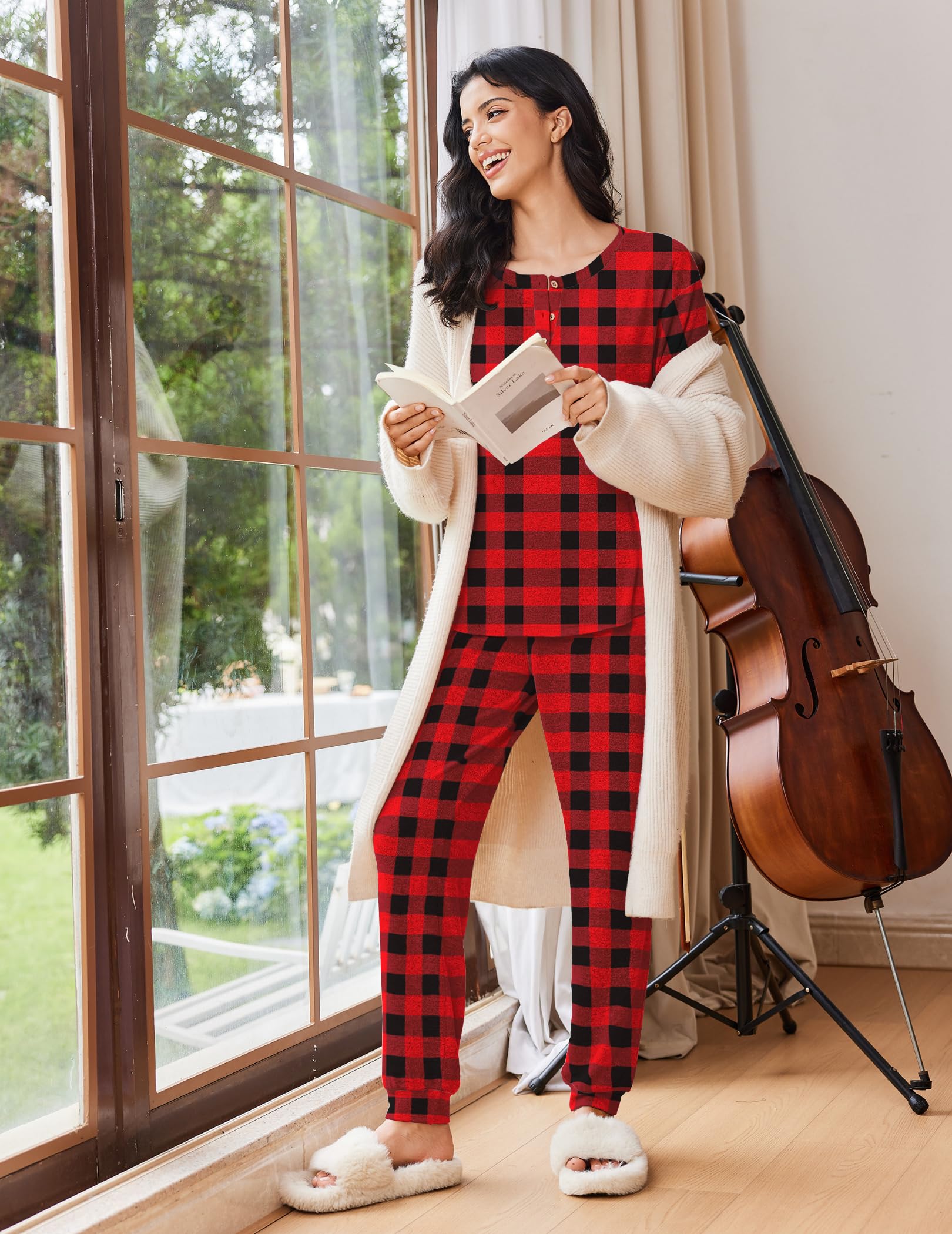 Ekouaer Womens Pajama Sets Long Sleeve Lounge Set 2 Piece Pj Sets for Women Henley Neck Casual Sleepwear Loungewear S-XXL