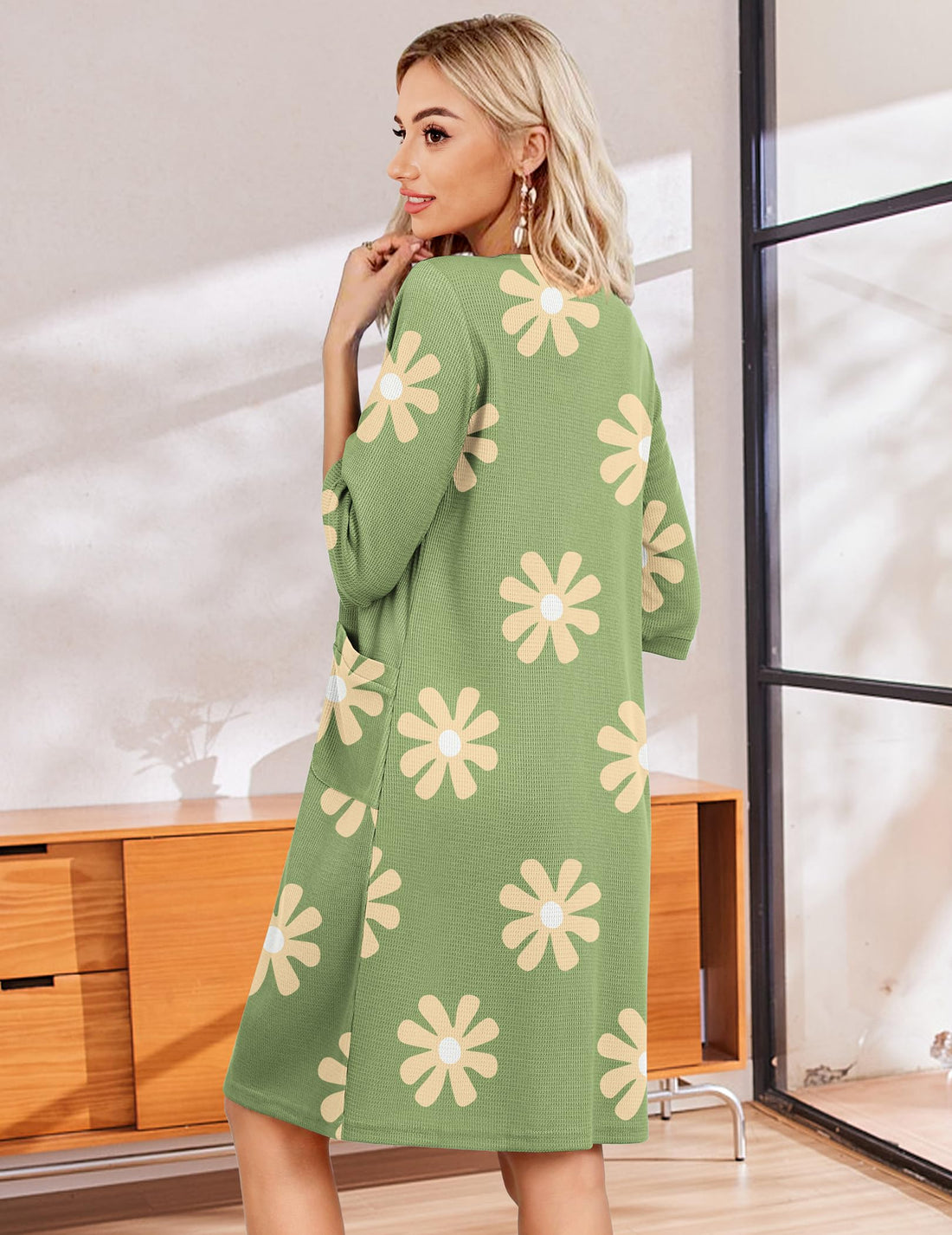 Ekouaer Zip Up Robes for Women Short Waffle Bathrobe Lightweight house coat 3/4 Sleeve Soft Nightgown with Pockets S-3XL WEBE CLOTHING