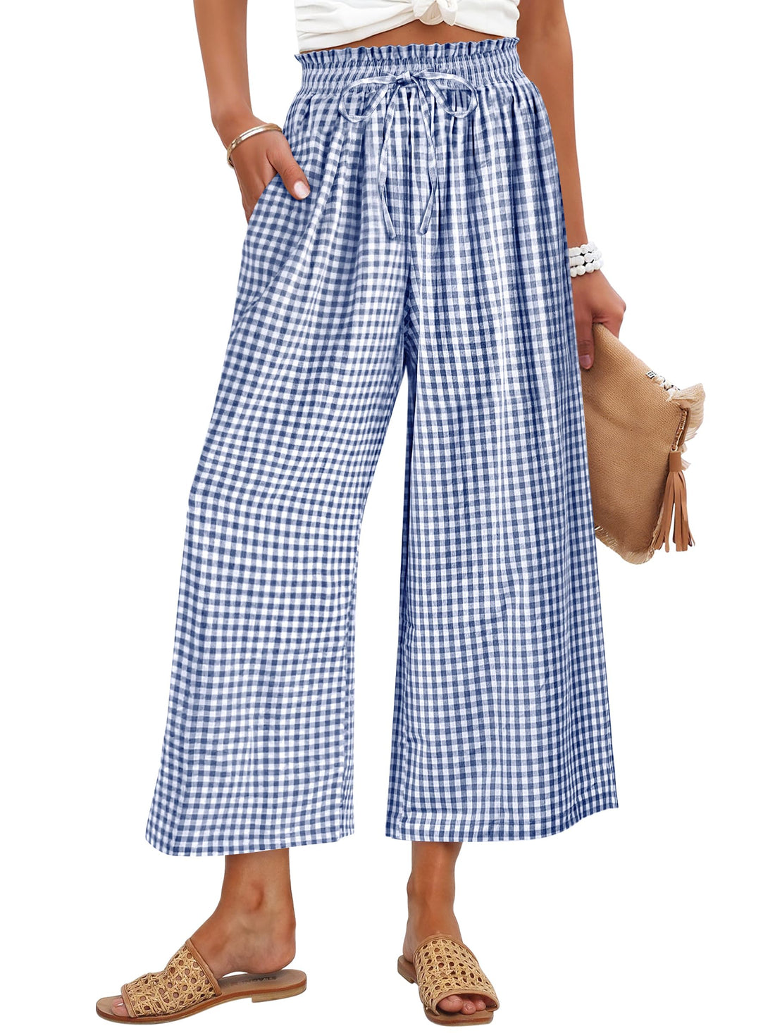 ANRABESS Womens Striped Gingham Palazzo Capri Pants Pajama Wide Leg Lounge Trousers Plaid Cute Crop PJ Bottoms with Pockets