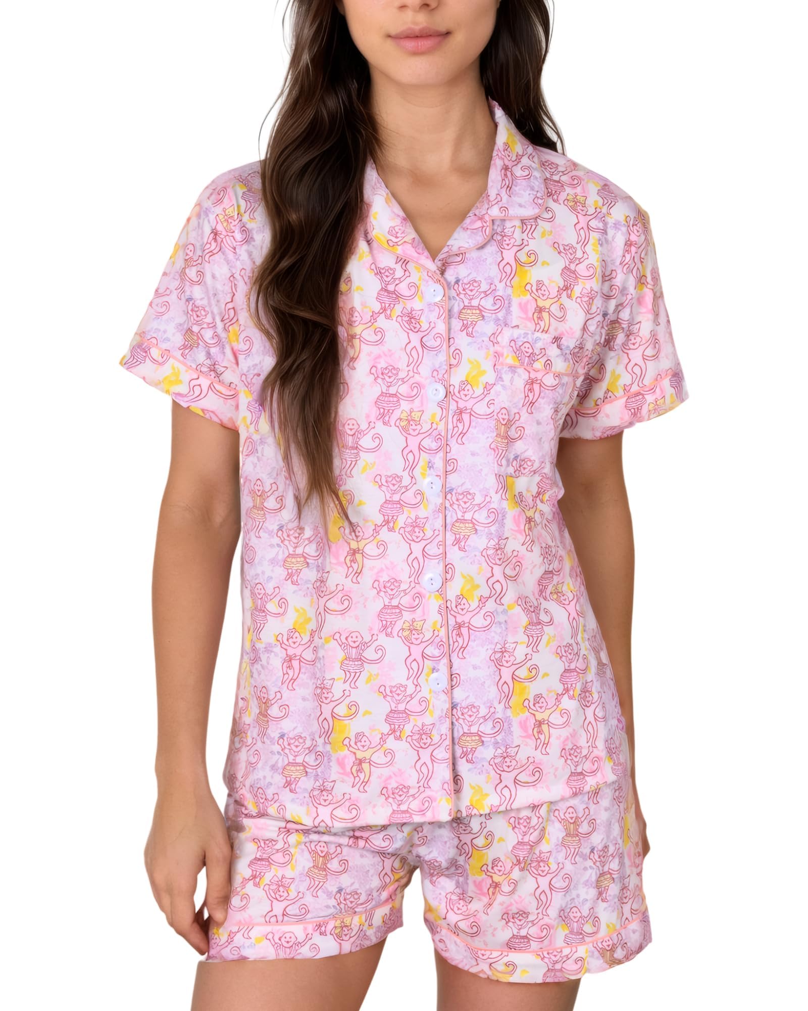 Women Y2k Pajamas Set Cute Preppy 2PCS Button Down Holiday Monkey Shorts Summer Outfit Beach Vacation Loungewear PJs WEBE CLOTHING