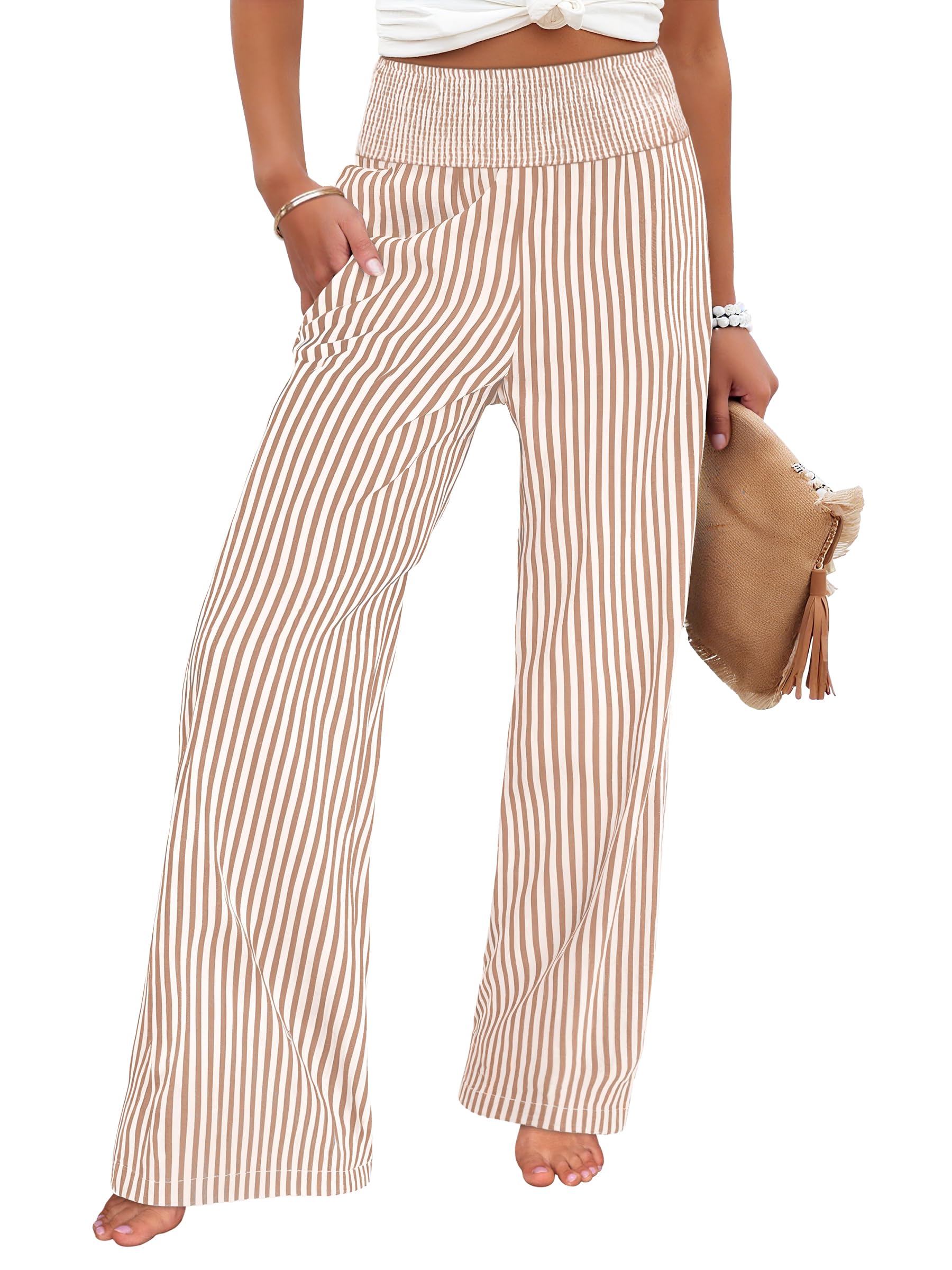 ANRABESS Womens Striped Gingham Palazzo Pants | Wide Leg Smocked High Waisted Pajama Pants, Lounge & Casual, Summer Fall Cute Pants with Pockets